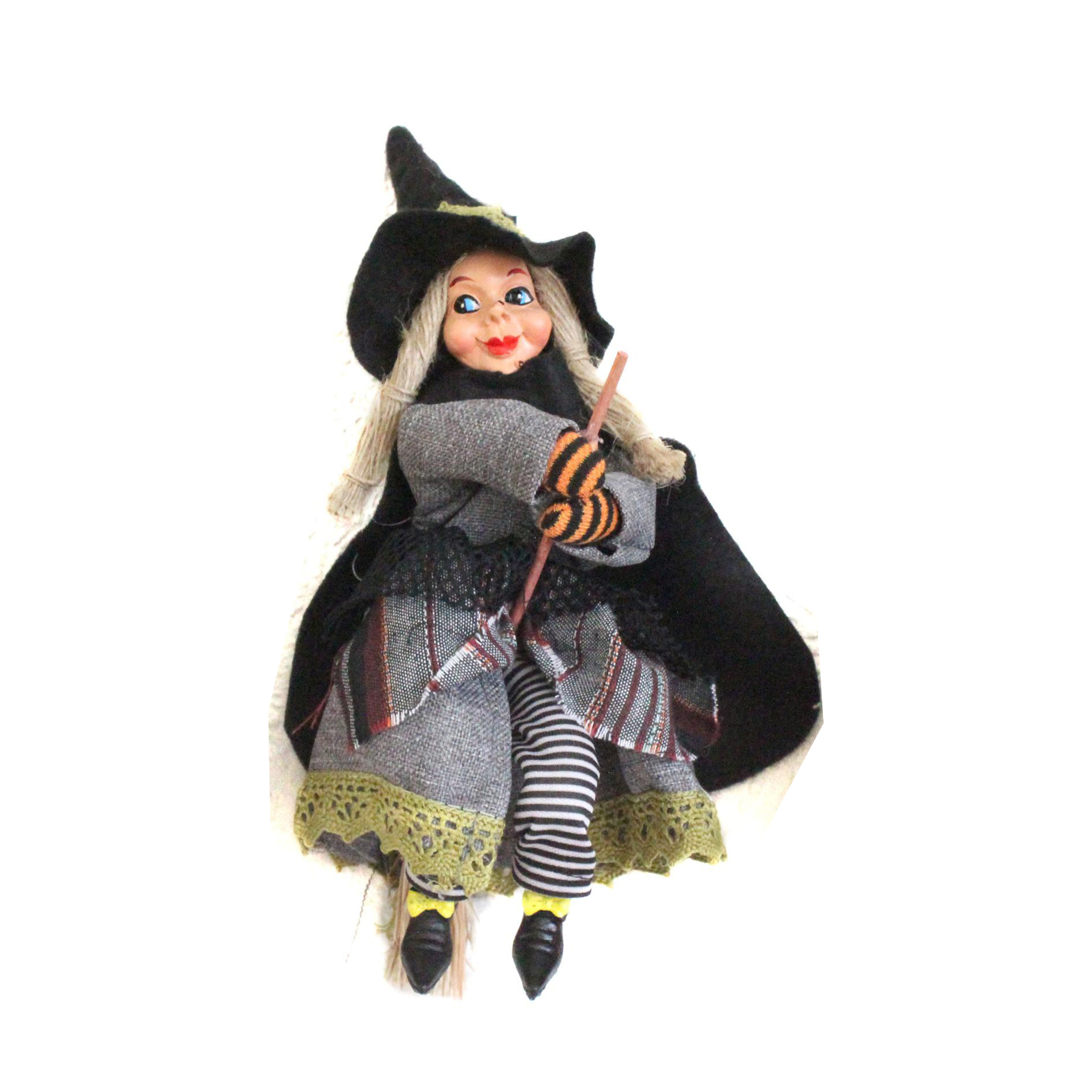 Halloween decoratie heksen pop op bezem - 20 cm - zwart/grijs