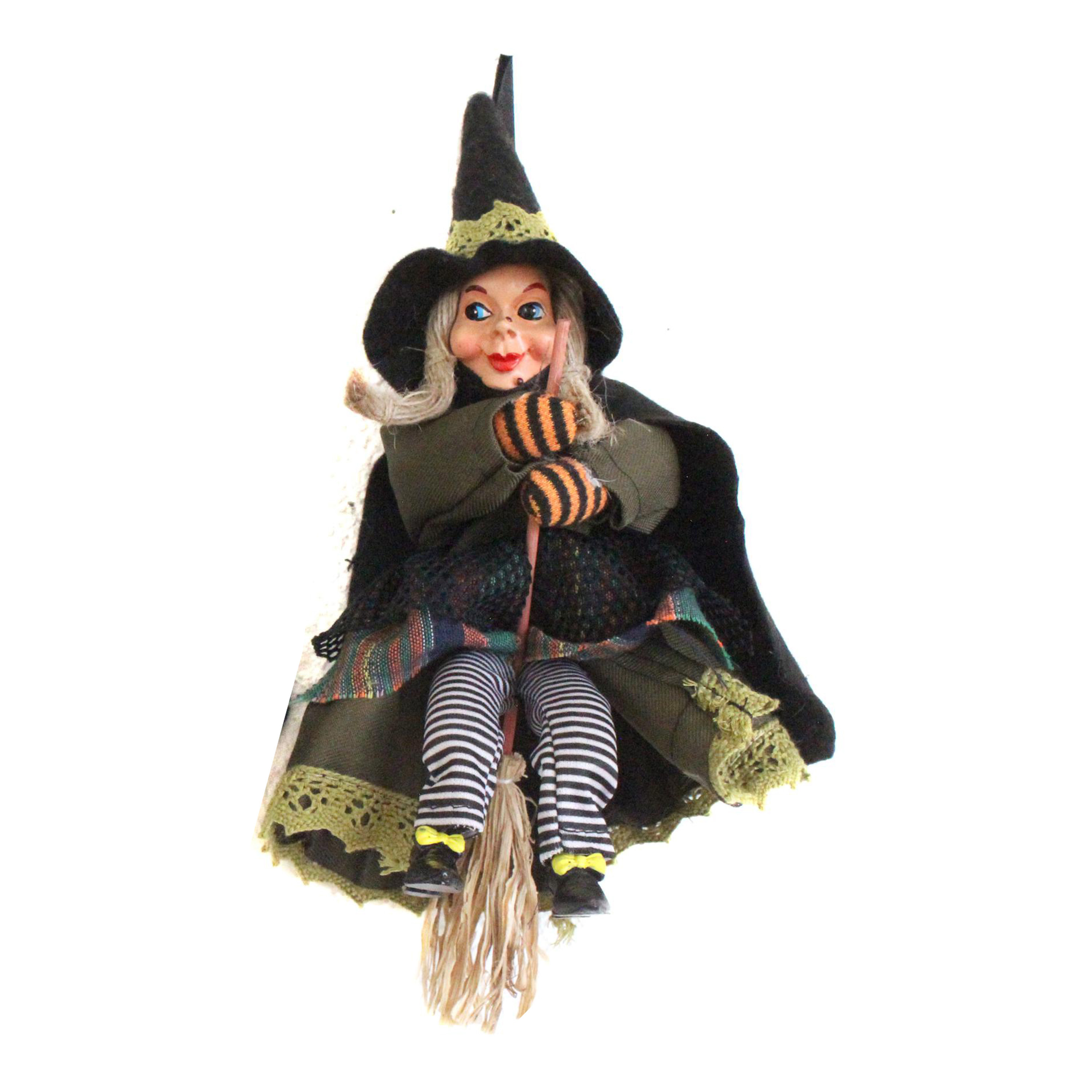 Halloween decoratie heksen pop op bezem - 20 cm - zwart/groen