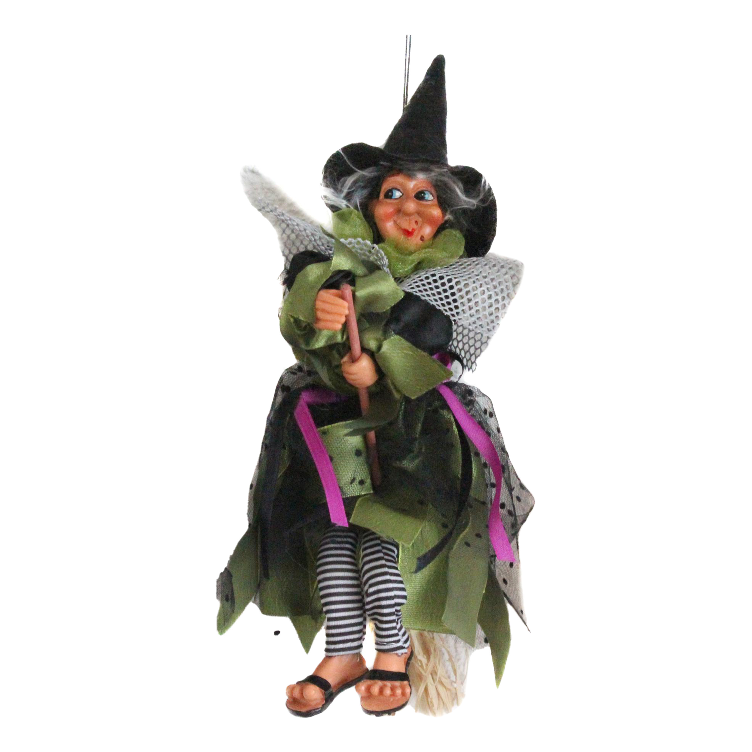 Halloween decoratie heksen pop op bezem - 25 cm - zwart/groen