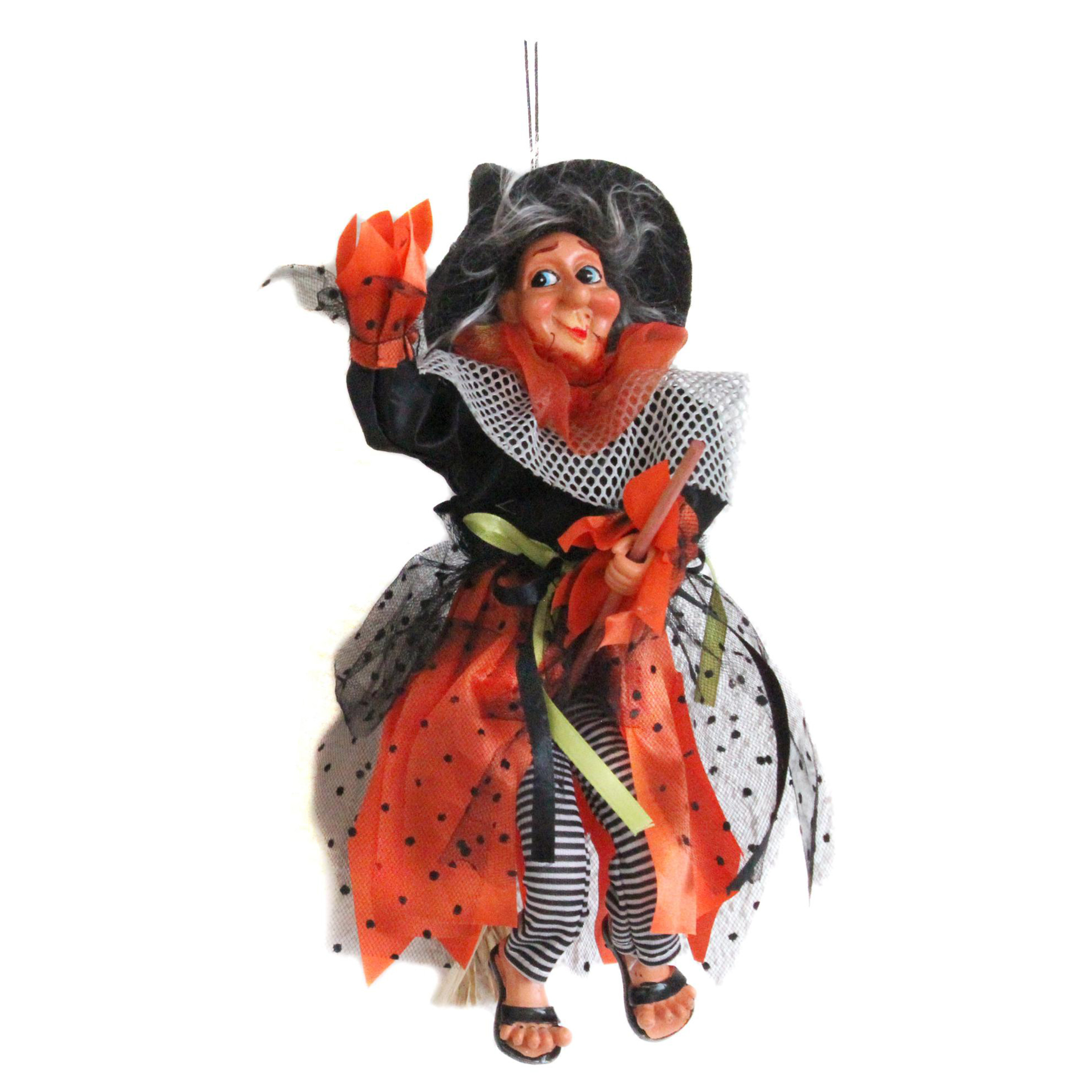 Halloween decoratie heksen pop op bezem - 25 cm - zwart/oranje