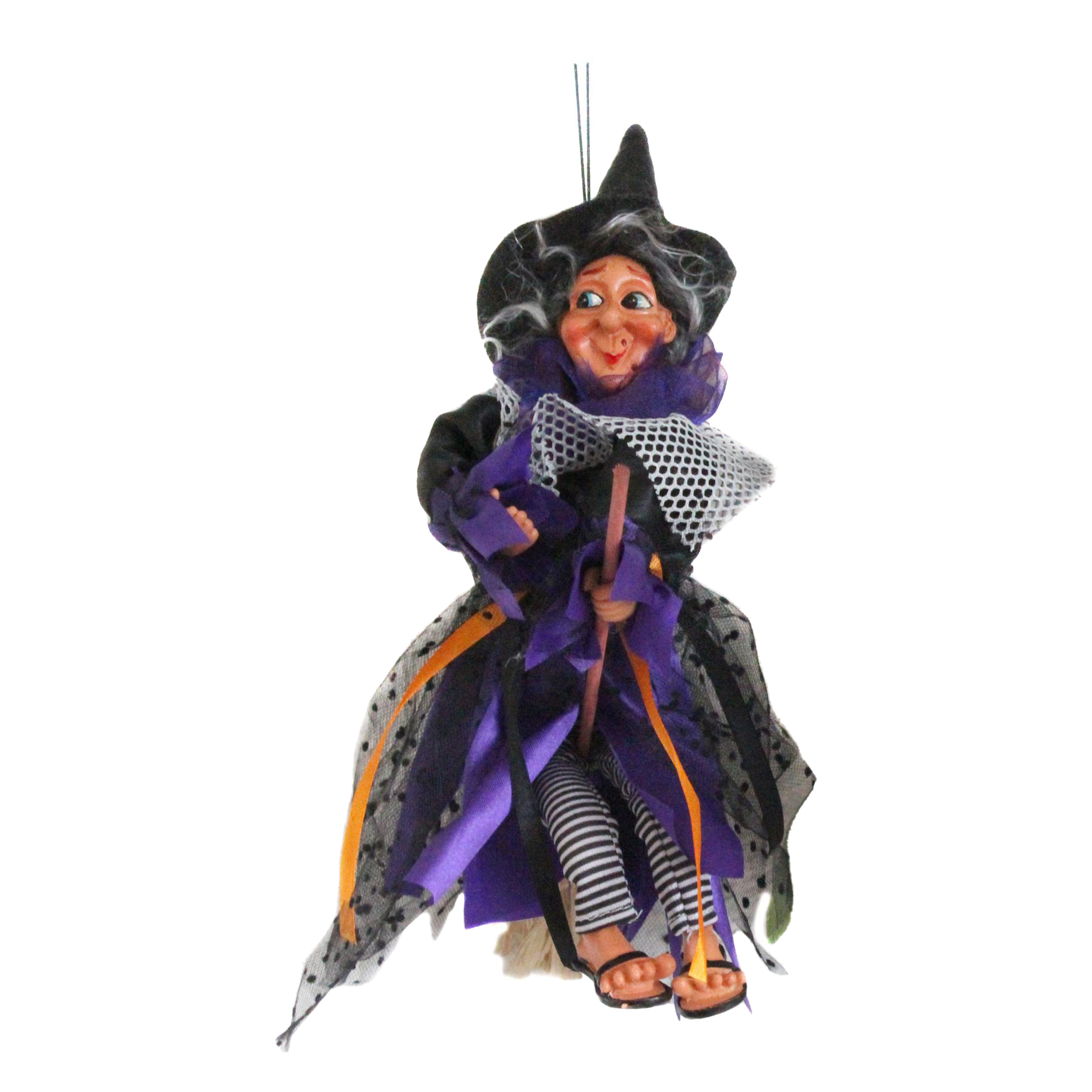 Halloween decoratie heksen pop op bezem - 25 cm - zwart/paars