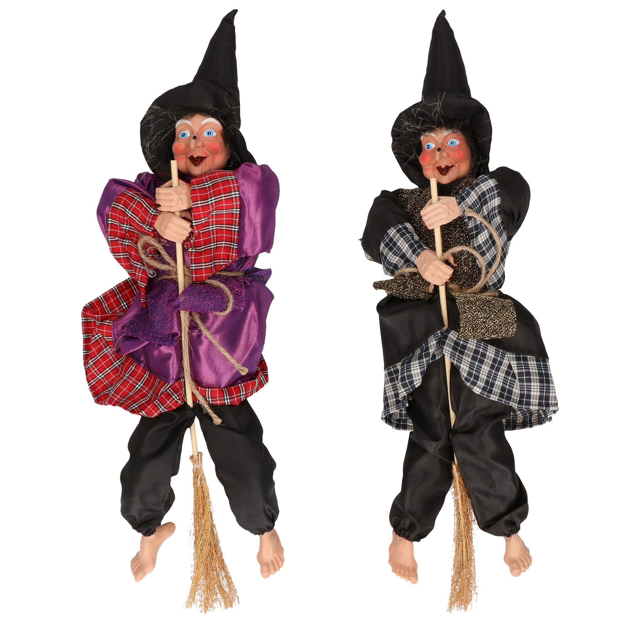Halloween decoratie heksen pop op bezem - 2x - 44 cm - rood/goud