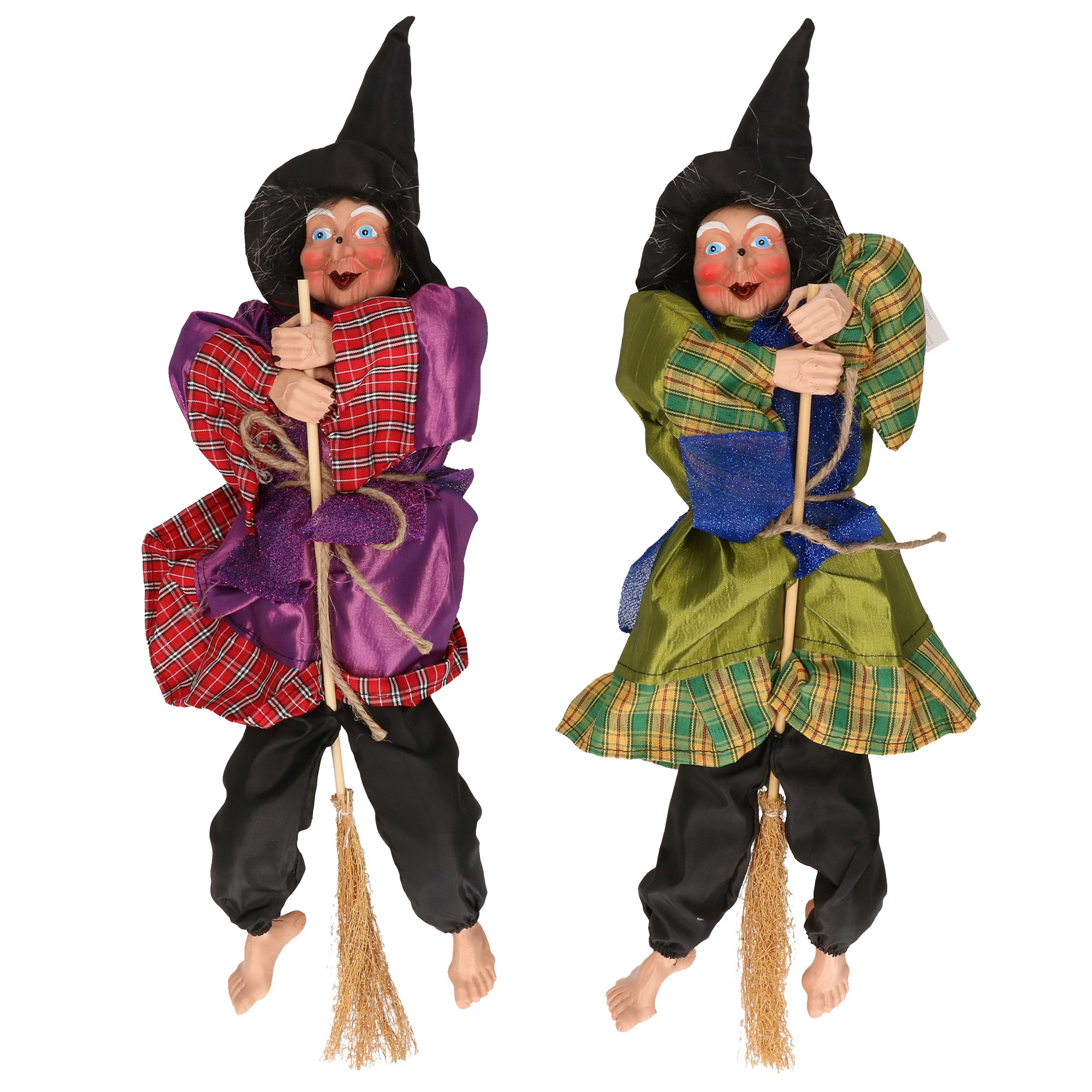Halloween decoratie heksen pop op bezem - 2x - 44 cm - rood/groen