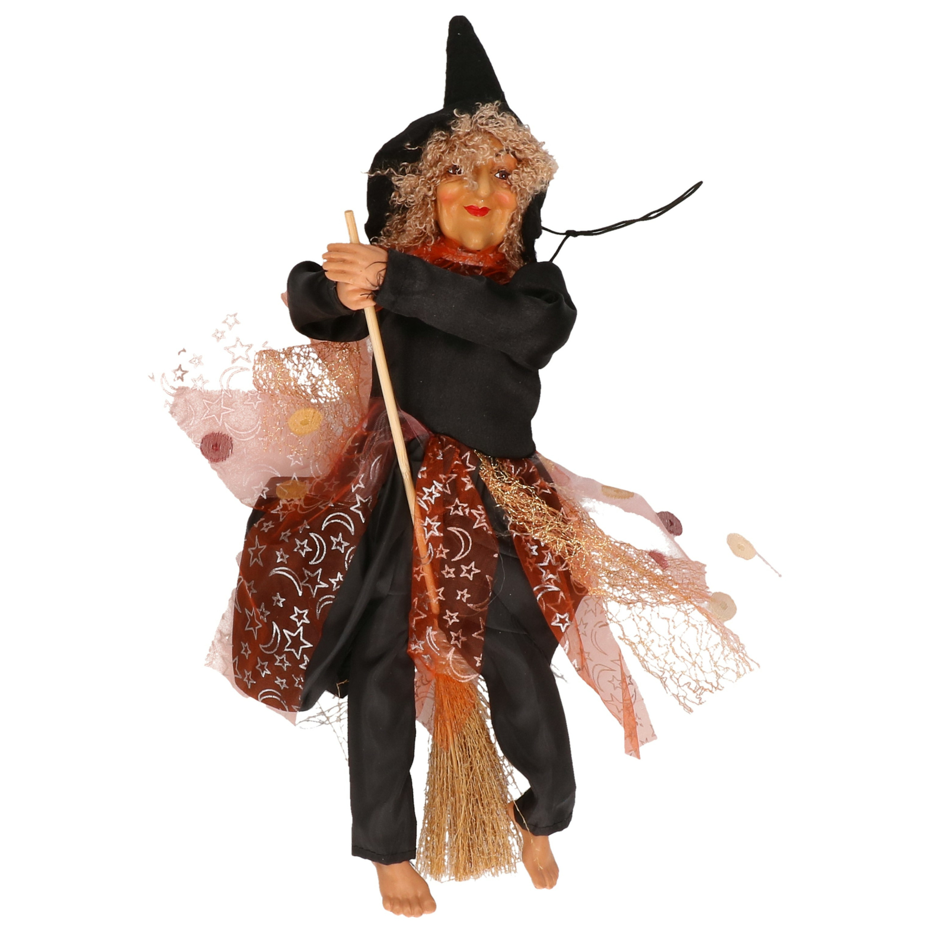 Halloween decoratie heksen pop op bezem - 30 cm - zwart/bruin