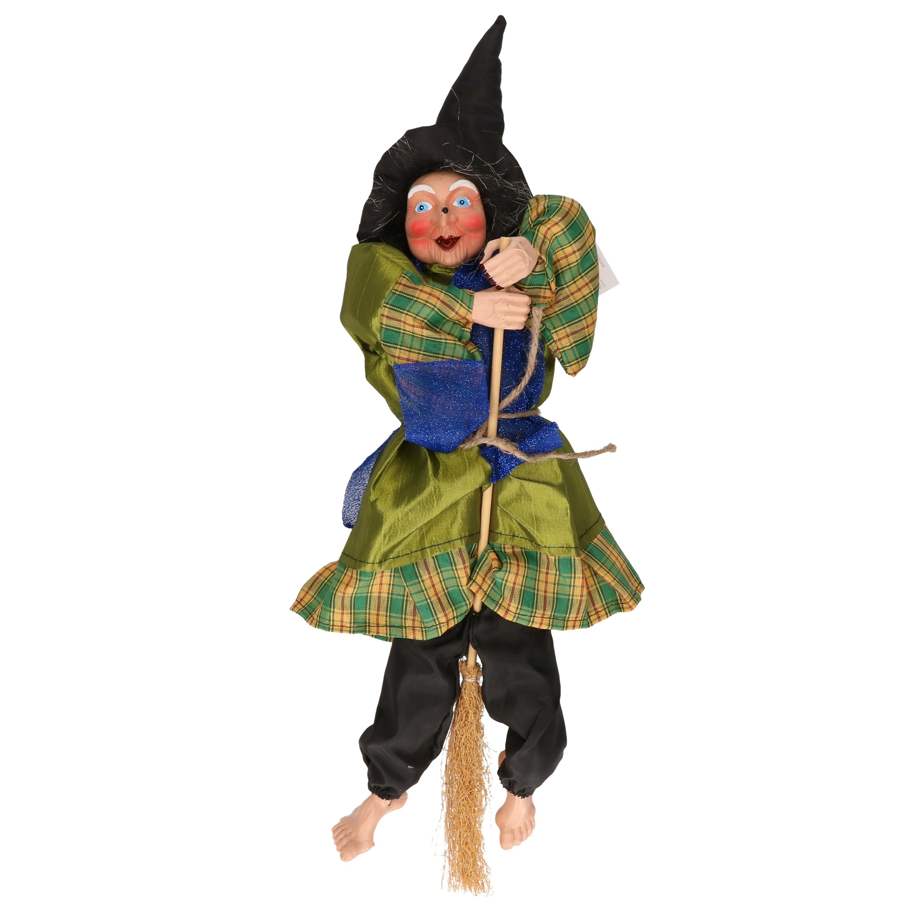 Halloween decoratie heksen pop op bezem - 44 cm - groen
