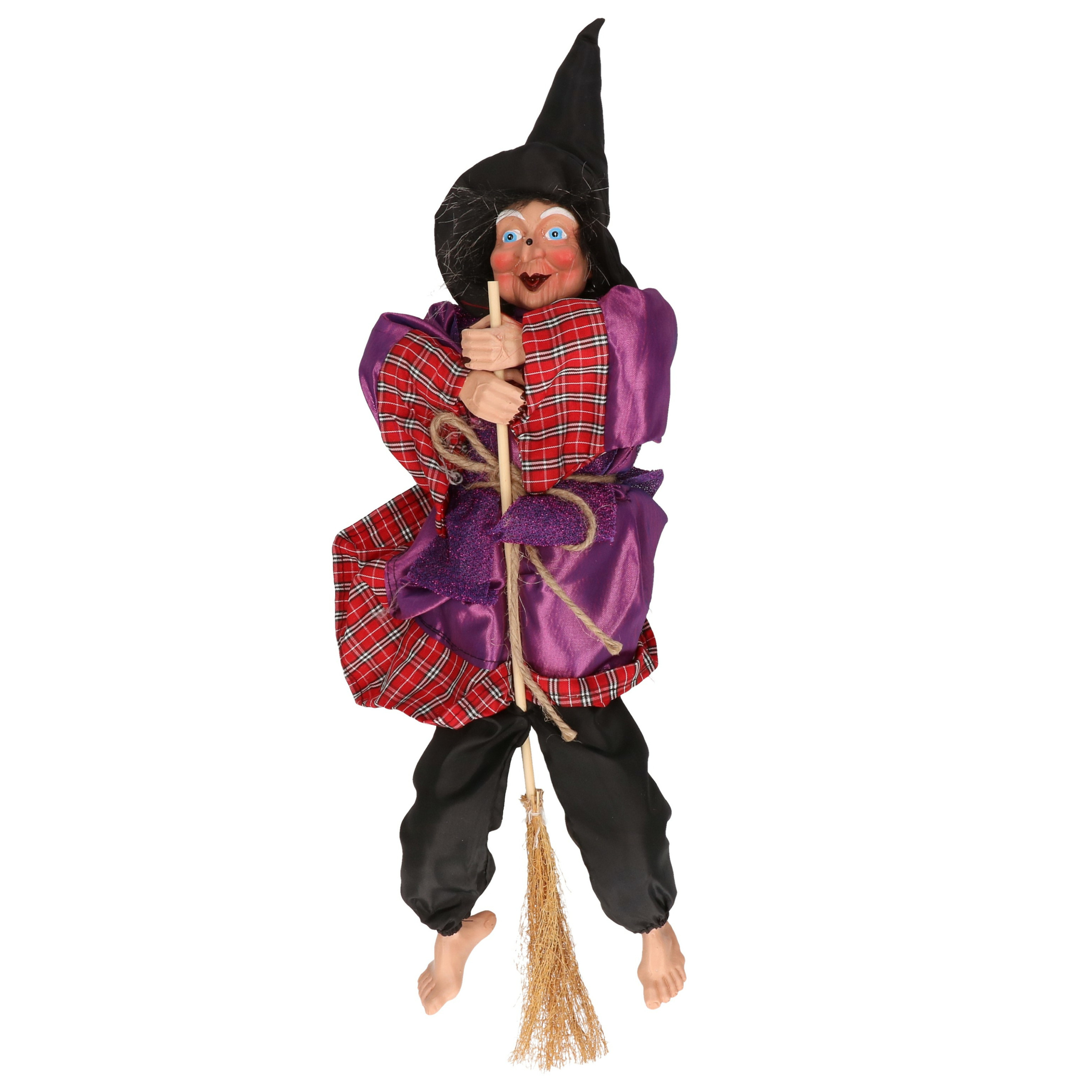 Halloween decoratie heksen pop op bezem - 44 cm - paars/rood