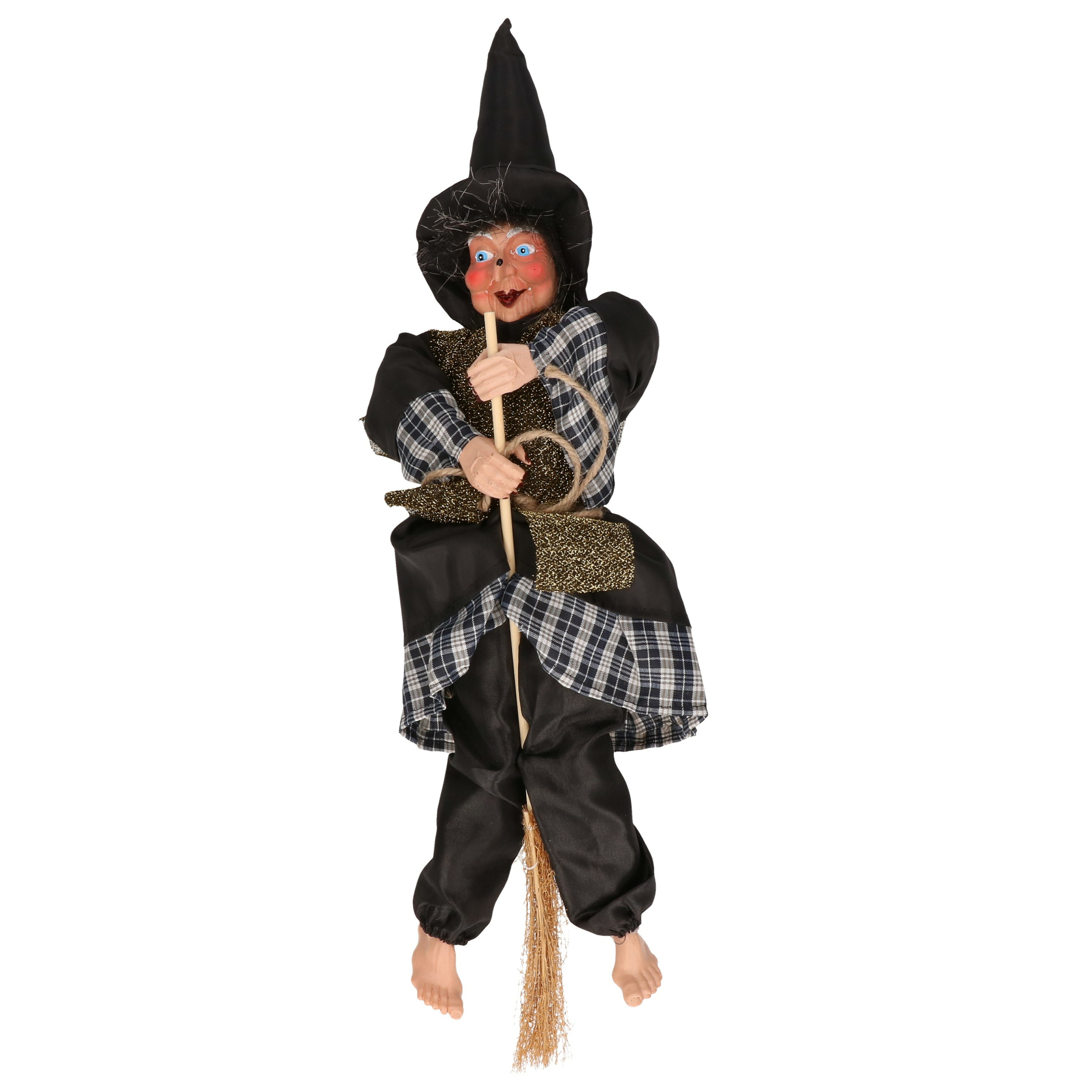 Halloween decoratie heksen pop op bezem - 44 cm - zwart/goud
