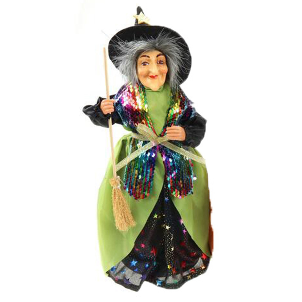 Halloween decoratie heksen pop staand 30 cm zwart-groen