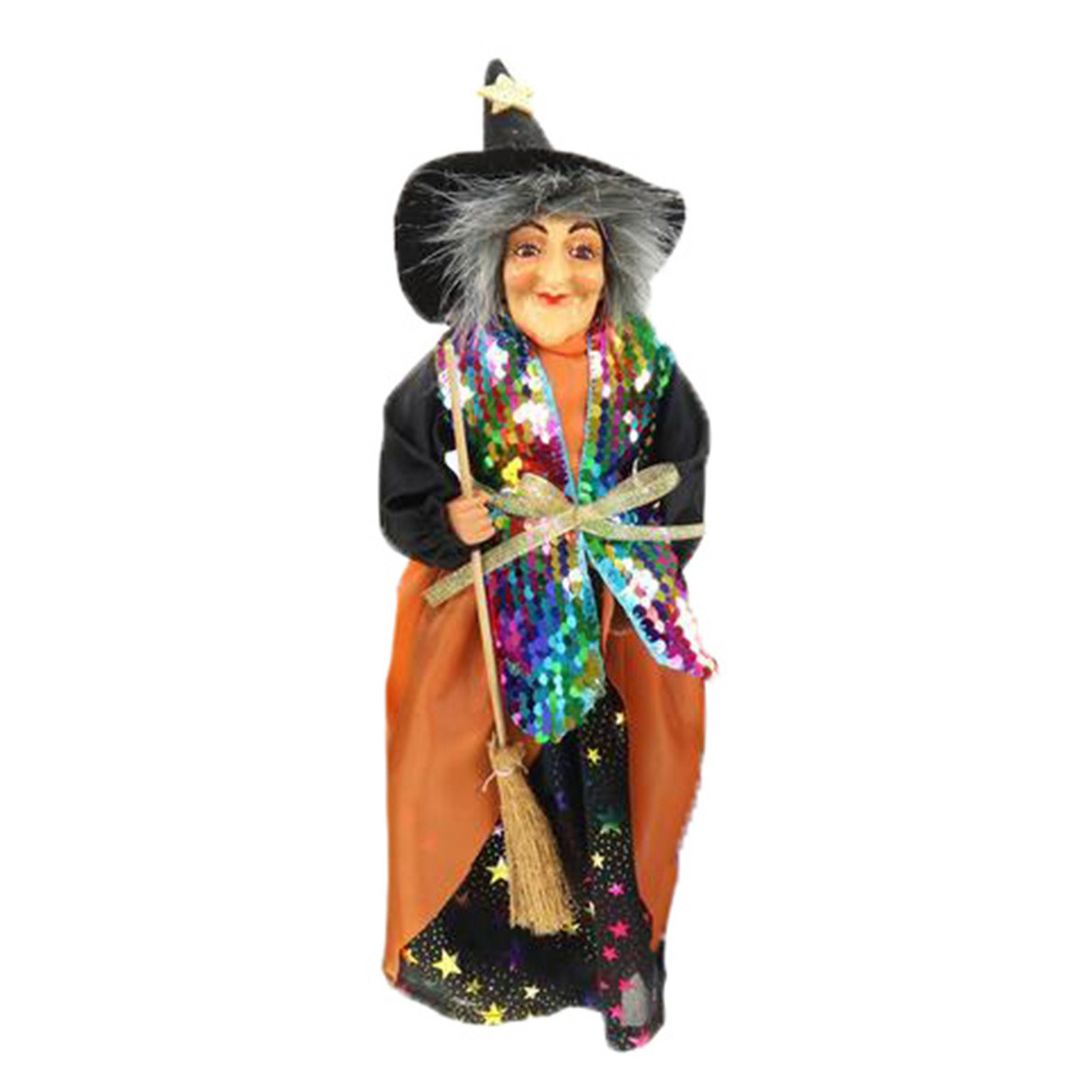 Halloween decoratie heksen pop staand 30 cm zwart-oranje