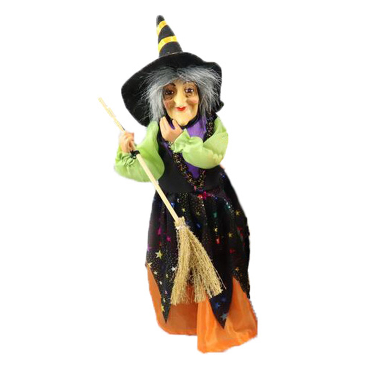 Halloween decoratie heksen pop staand 35 cm zwart-oranje