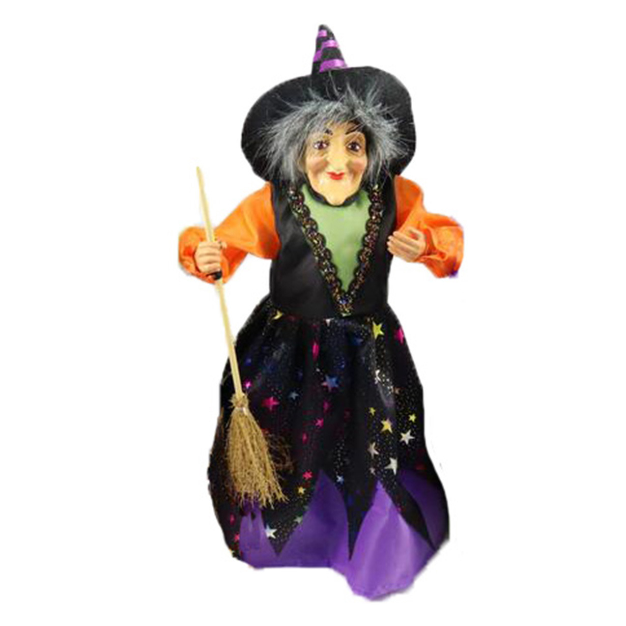 Halloween decoratie heksen pop - staand - 35 cm - zwart/paars