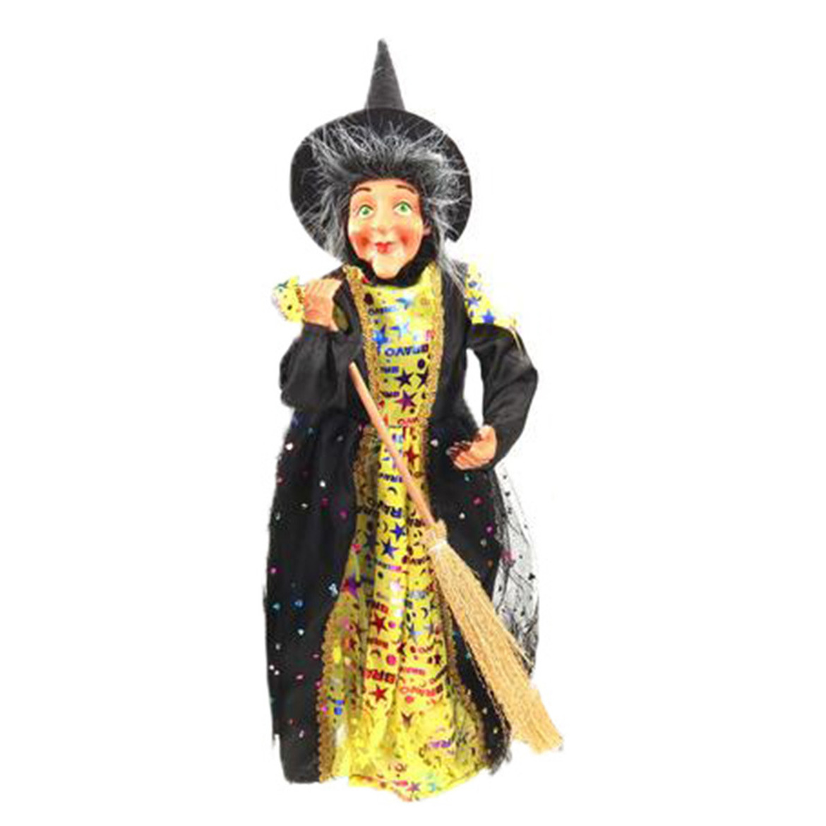 Halloween decoratie heksen pop staand 42 cm zwart-geel