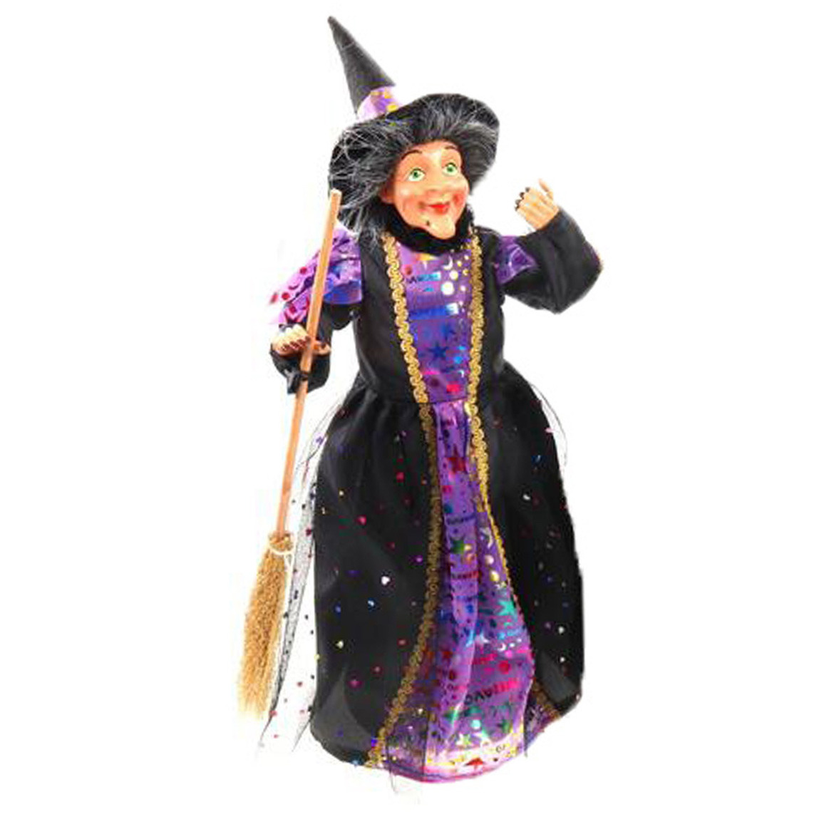 Halloween decoratie heksen pop - staand - 42 cm - zwart/paars