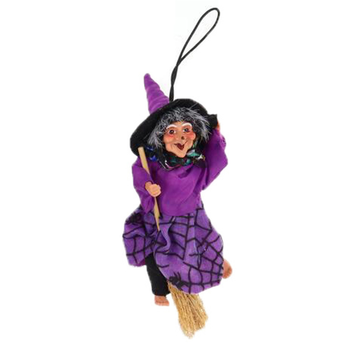 Halloween decoratie heksen pop - vliegend op bezem - 10 cm - zwart/paars