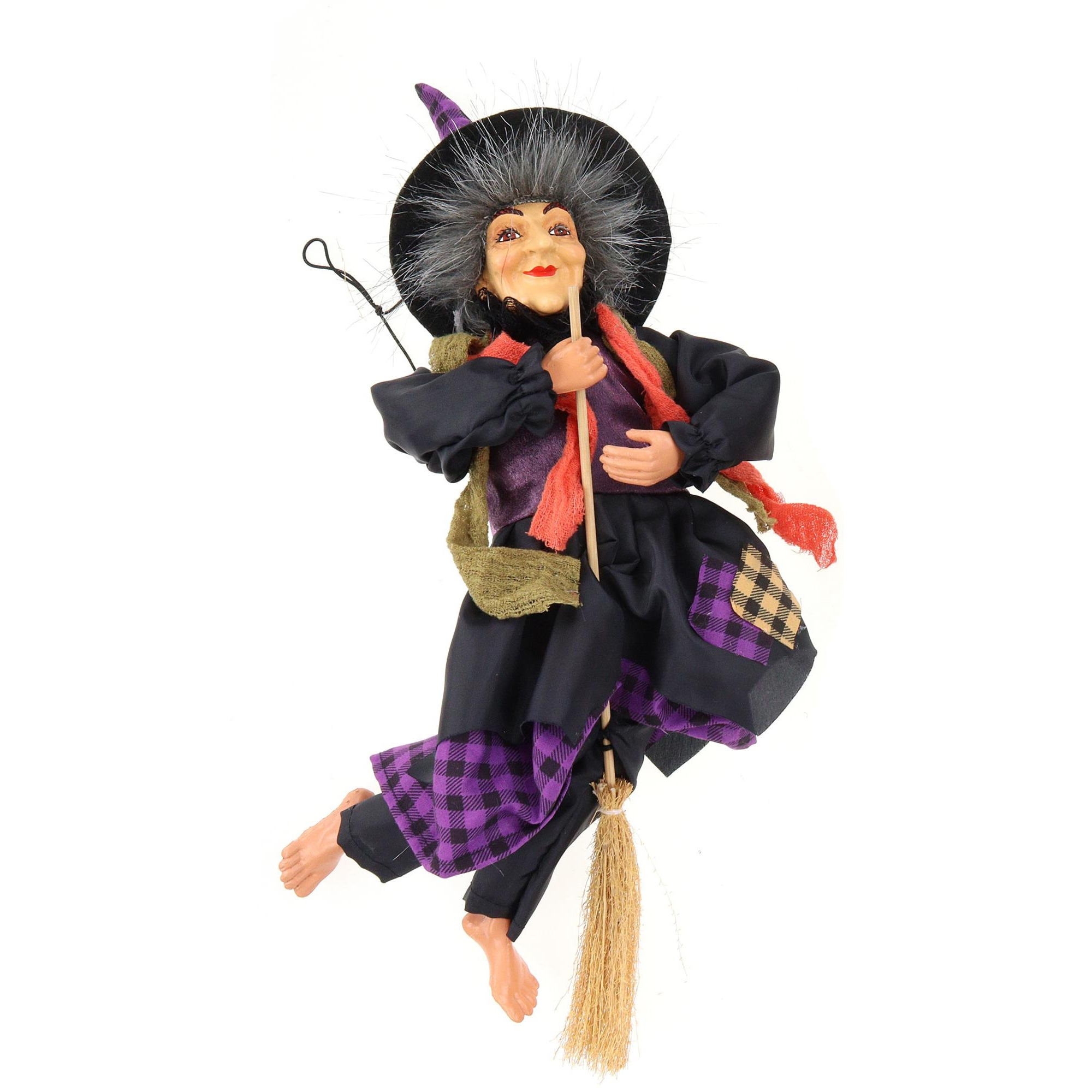 Halloween decoratie heksen pop - vliegend op bezem - 30 cm - zwart/paars
