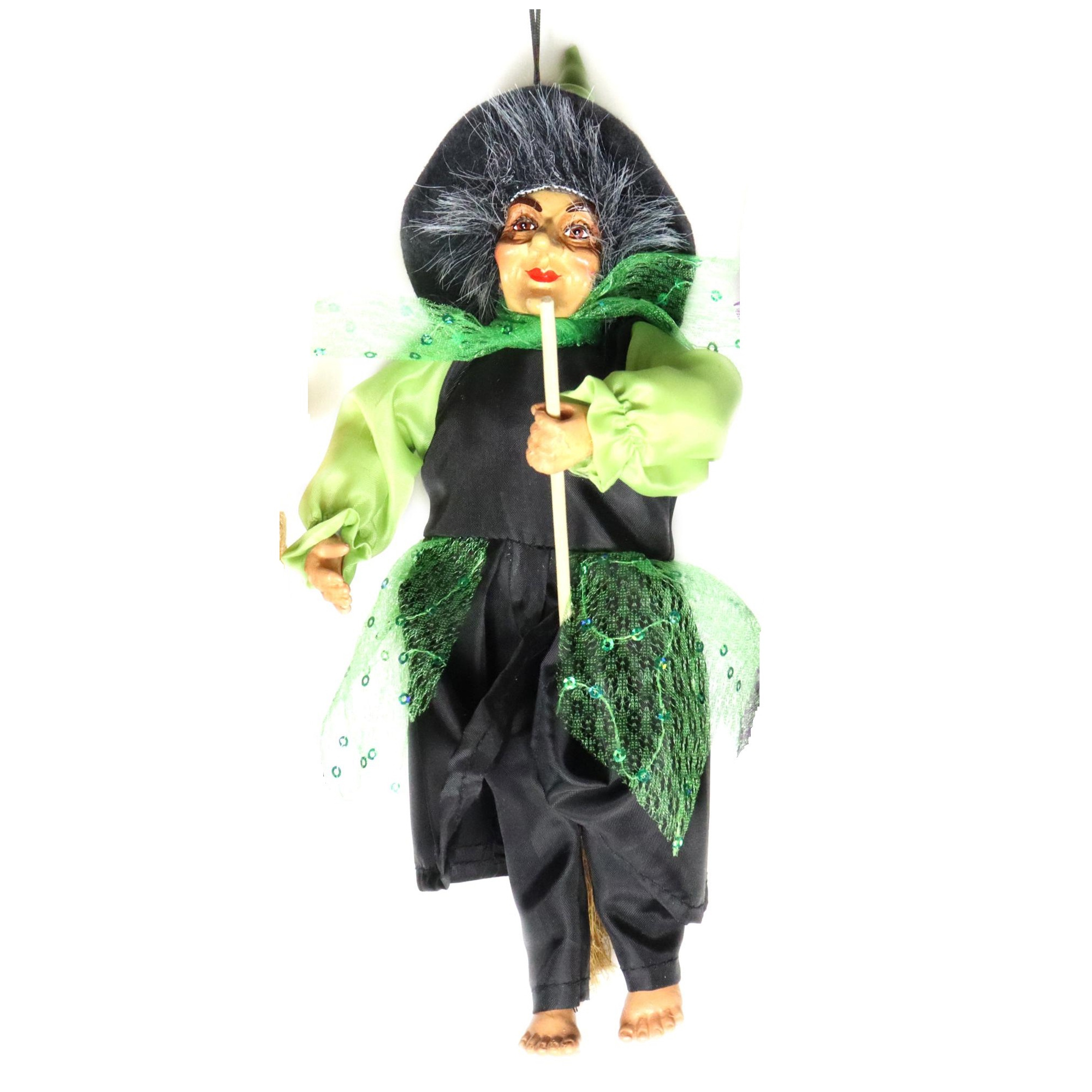 Halloween decoratie heksen pop - vliegend op bezem - 35 cm - zwart/groen
