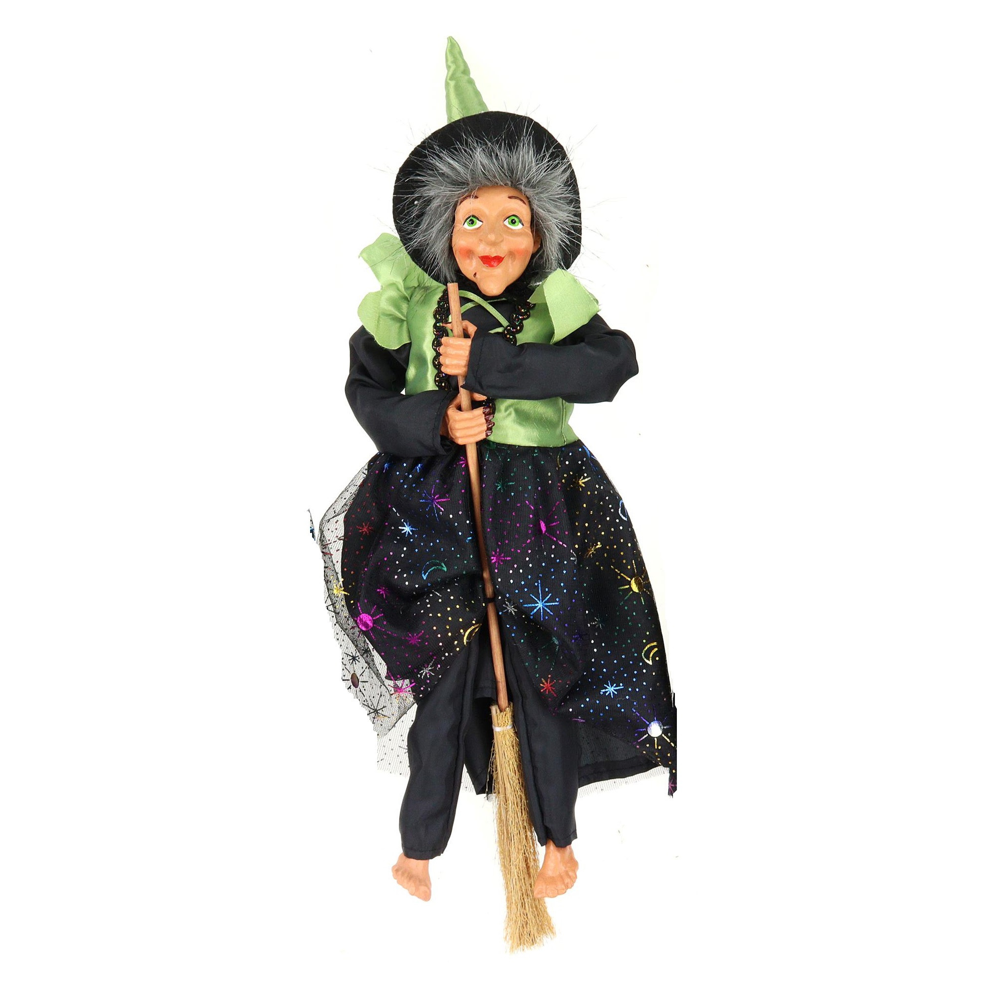 Halloween decoratie heksen pop - vliegend op bezem - 40 cm - zwart/groen