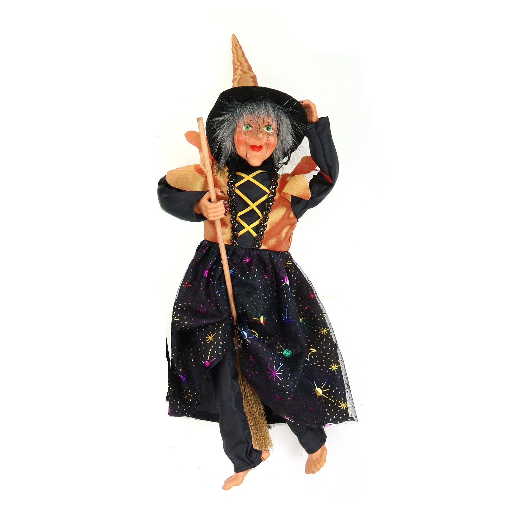 Halloween decoratie heksen pop - vliegend op bezem - 40 cm - zwart/oranje