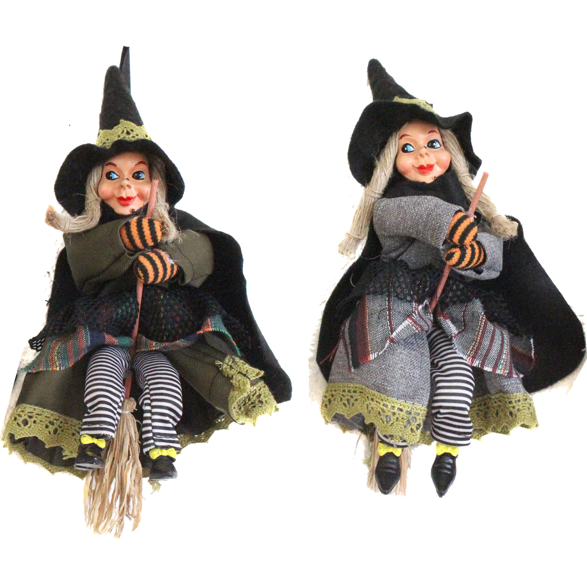 Halloween - Halloween decoratie heksen pop op bezem - 2x - 20 cm - groen/grijs