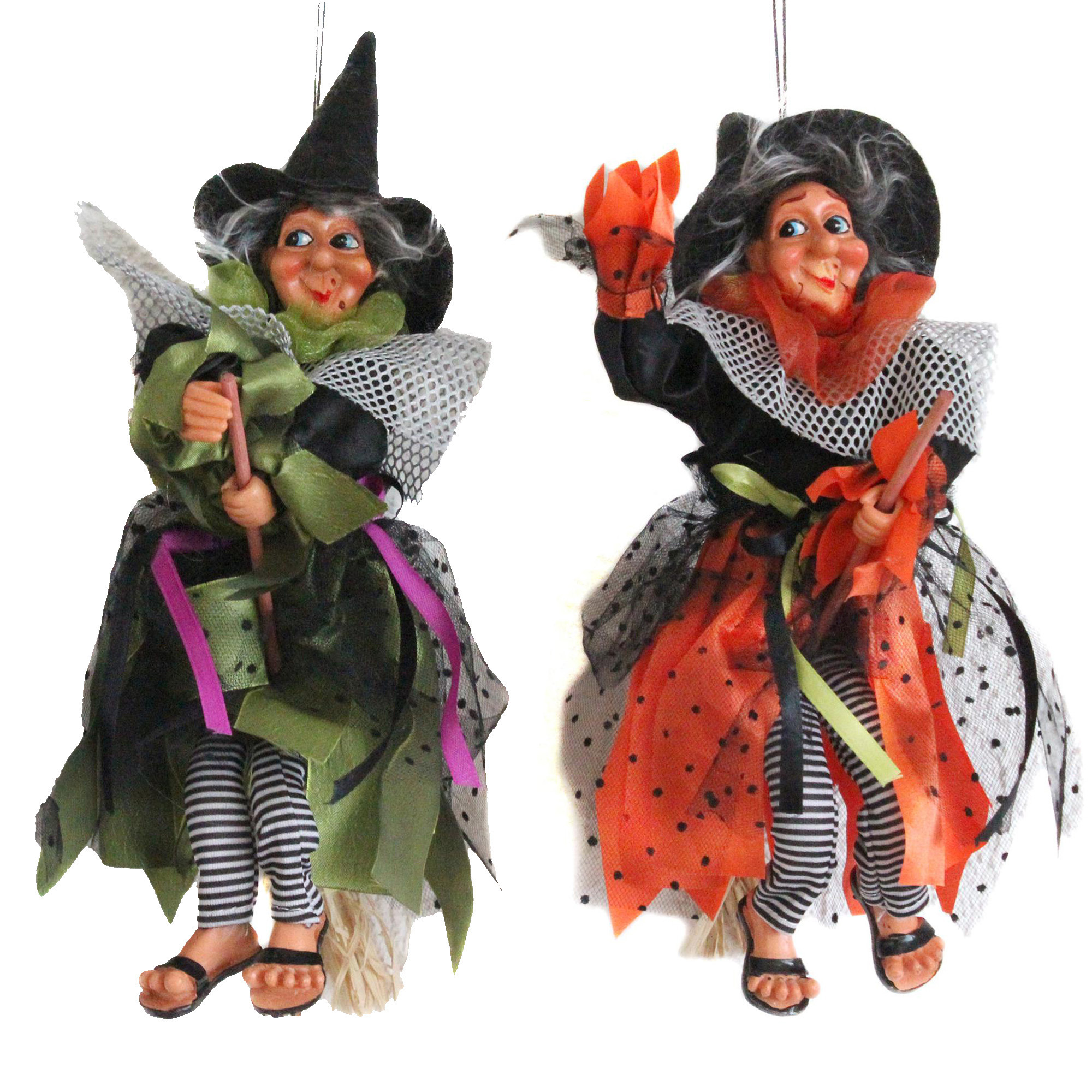 Halloween - Halloween decoratie heksen pop op bezem - 2x - 25 cm - groen/oranje