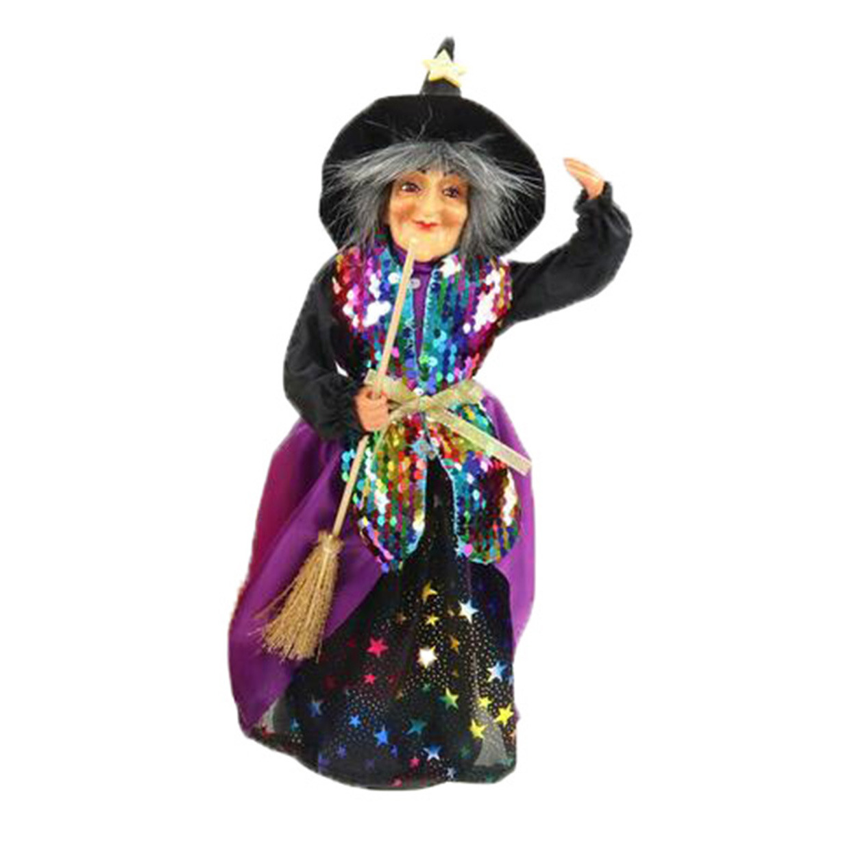 Halloween - Halloween decoratie heksen pop - staand - 30 cm - zwart/paars