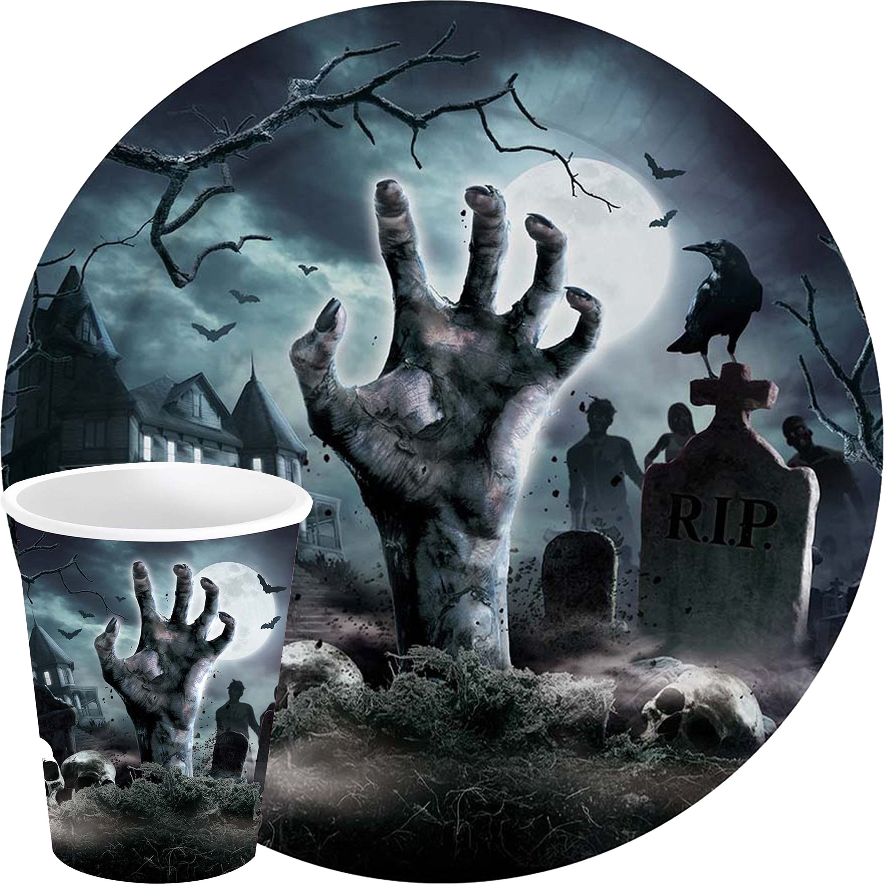 Halloween - Halloween/horror kerkhof feest servies borden en bekers - 24x - zwart- papier