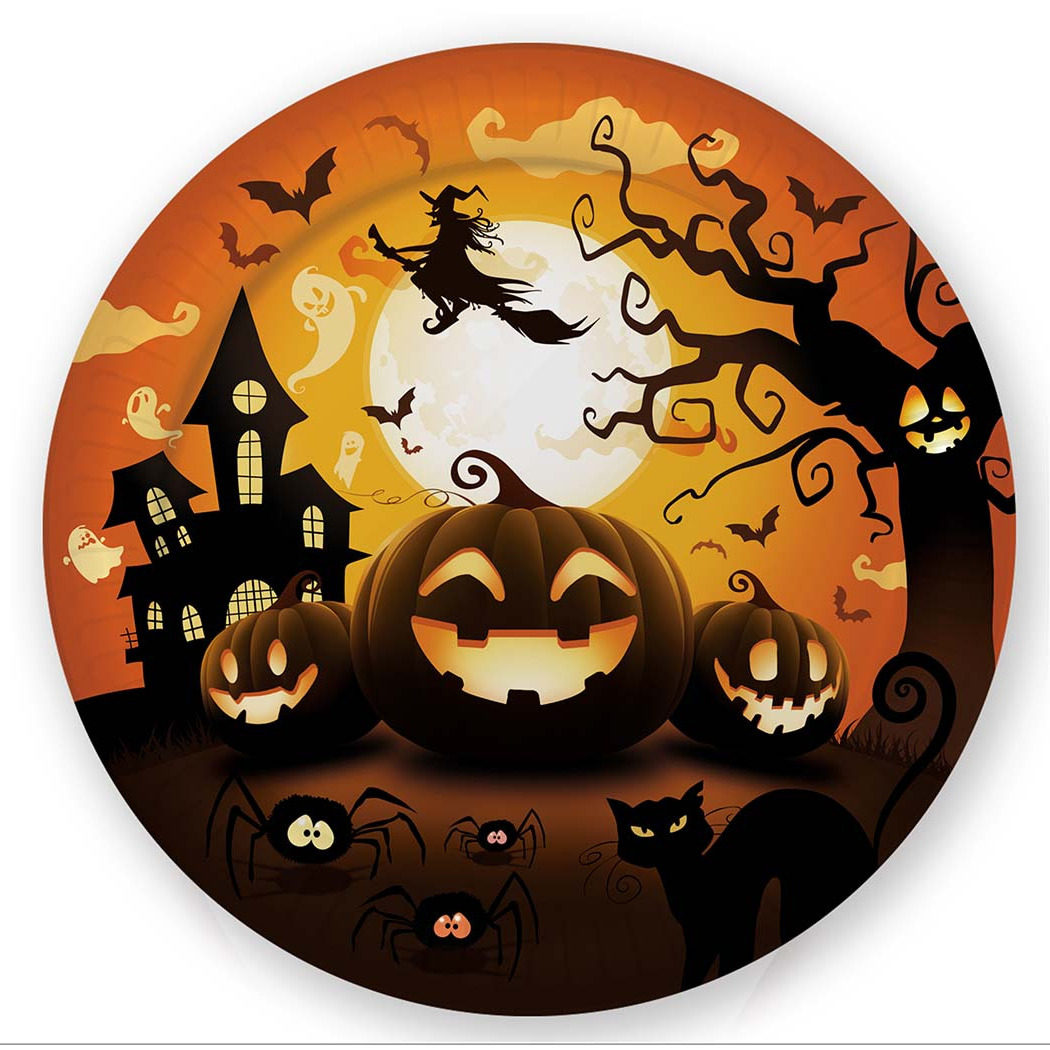 Halloween - Halloween/horror pompoen bordjes - 6x - zwart - papier - D23 cm