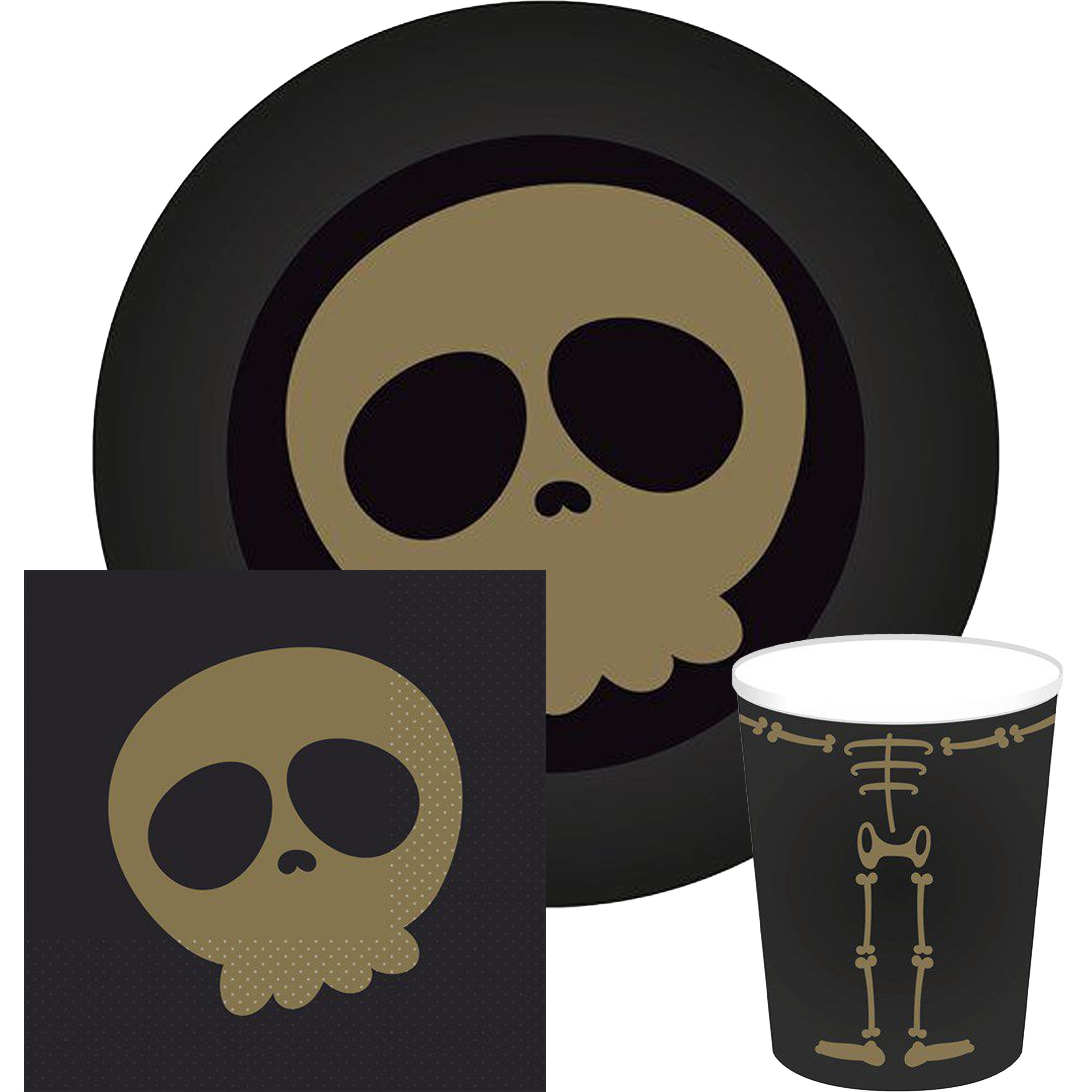 Halloween/horror doodshoofd/schedel bordjes/servetten/bekertjes - 52x - zwart - papier
