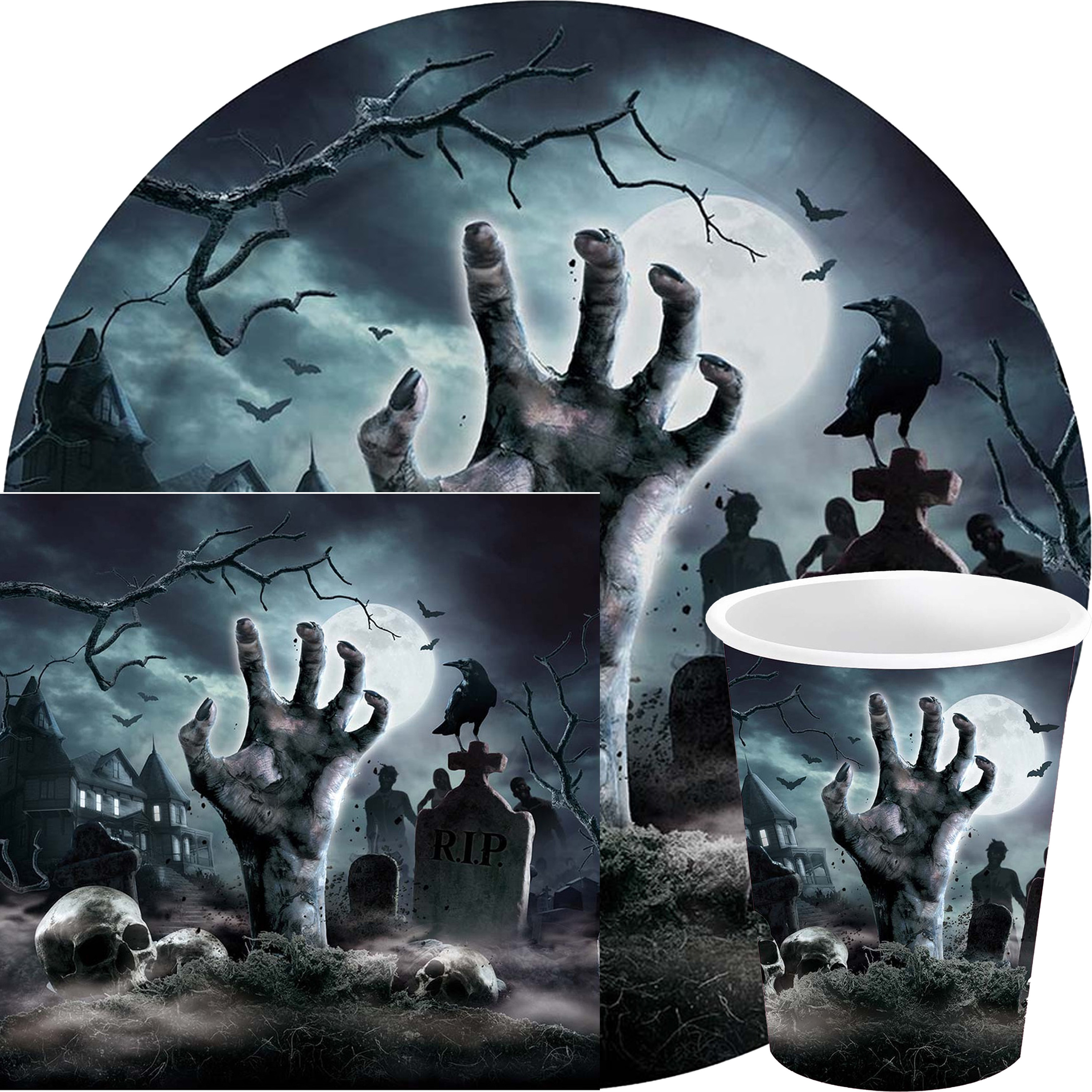 Halloween/horror kerkhof feest servies set - borden/bekers/servetten - 36x - zwart- papier