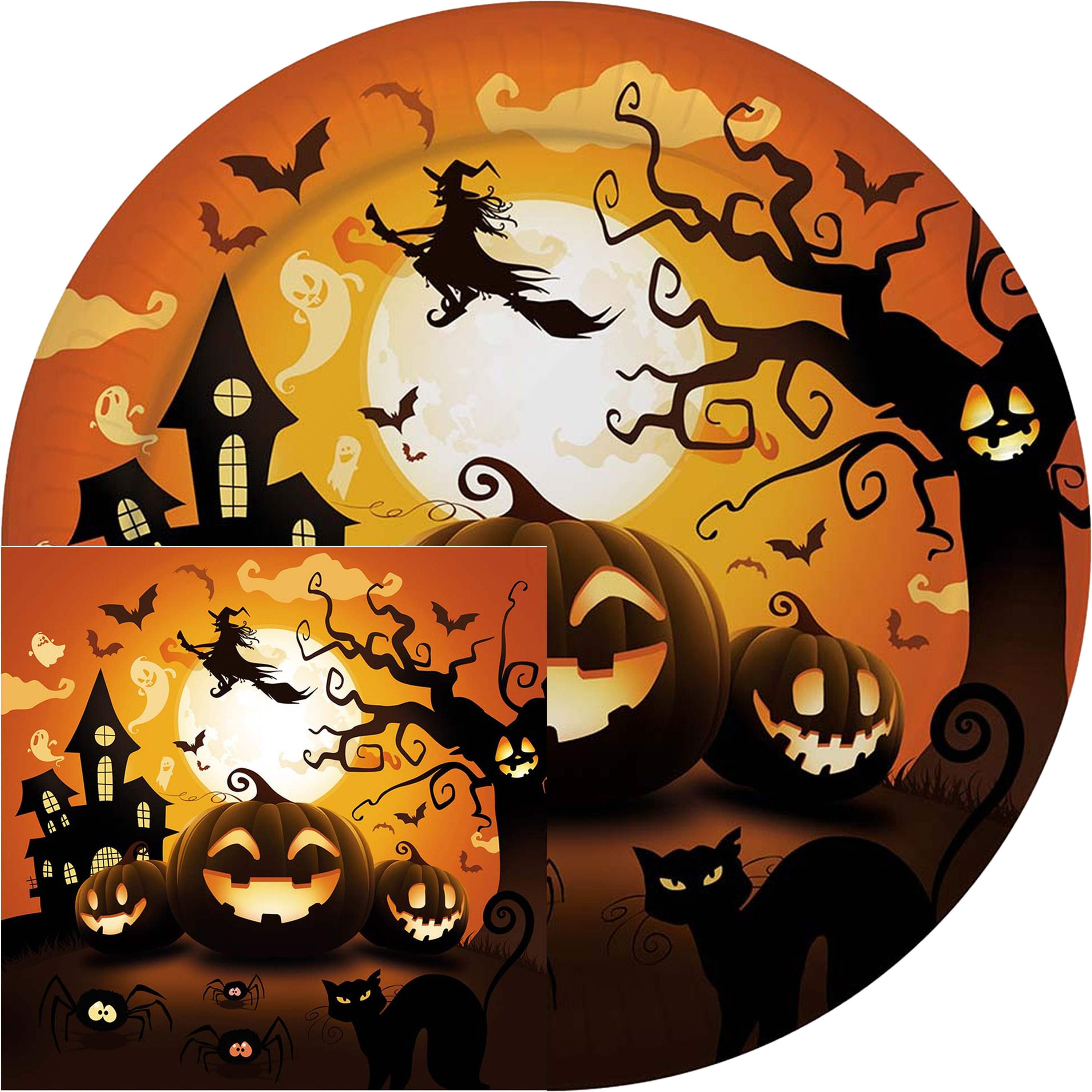 Halloween/horror pompoen feest borden en servetten set - 24x - zwart- papier