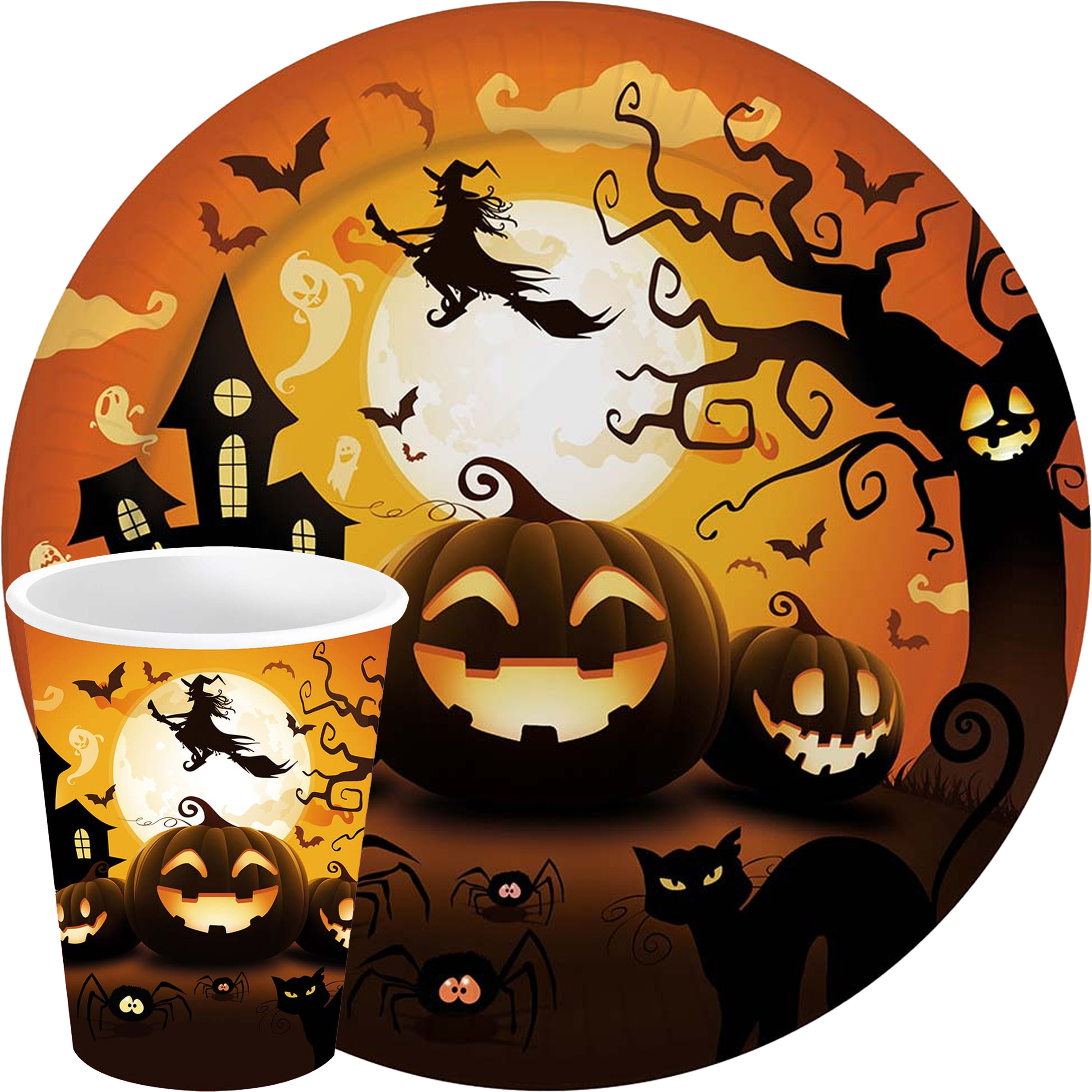 Halloween/horror pompoen feest servies borden en bekers - 24x - zwart- papier