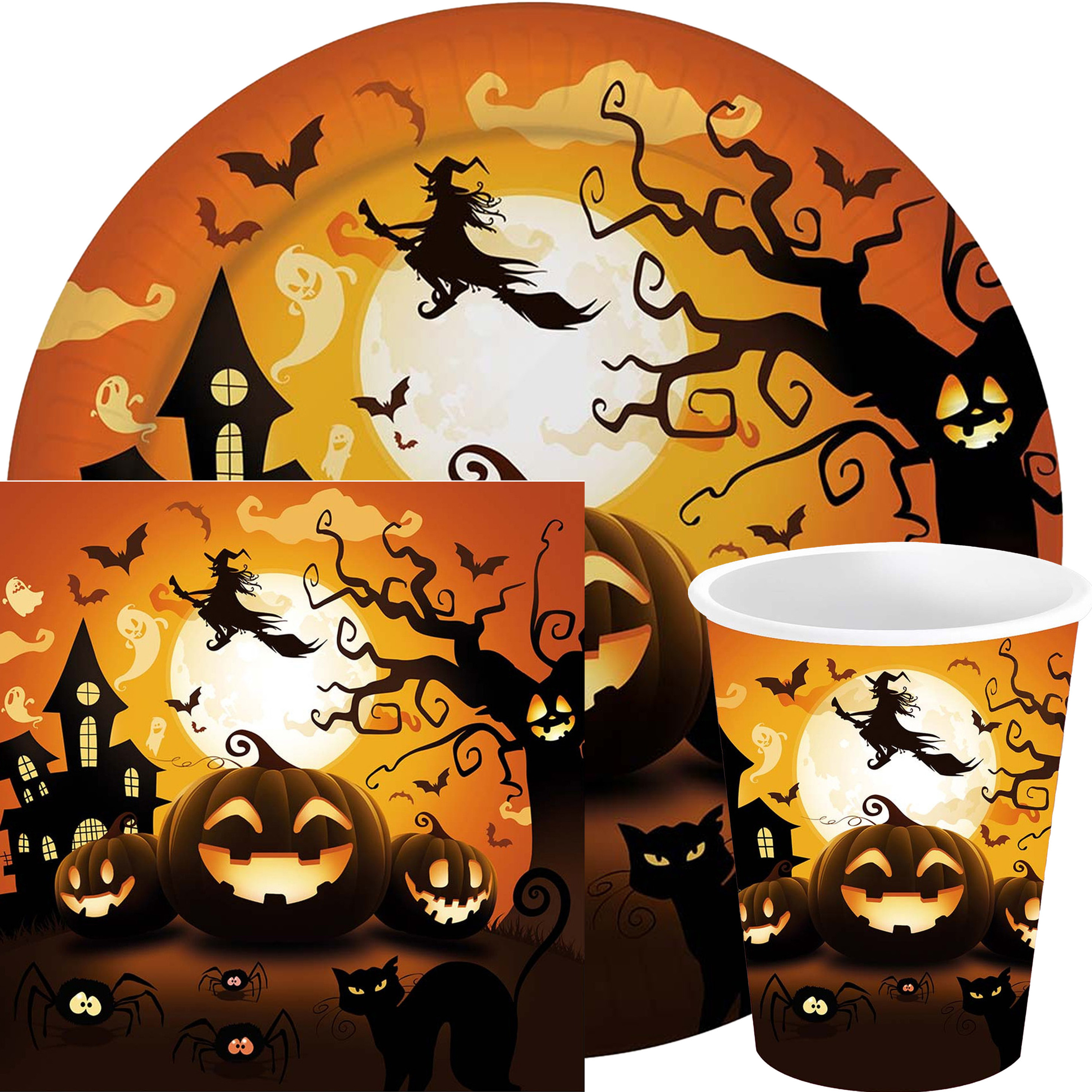 Halloween/horror pompoen feest servies set borden/bekers/servetten - 36x - zwart- papier