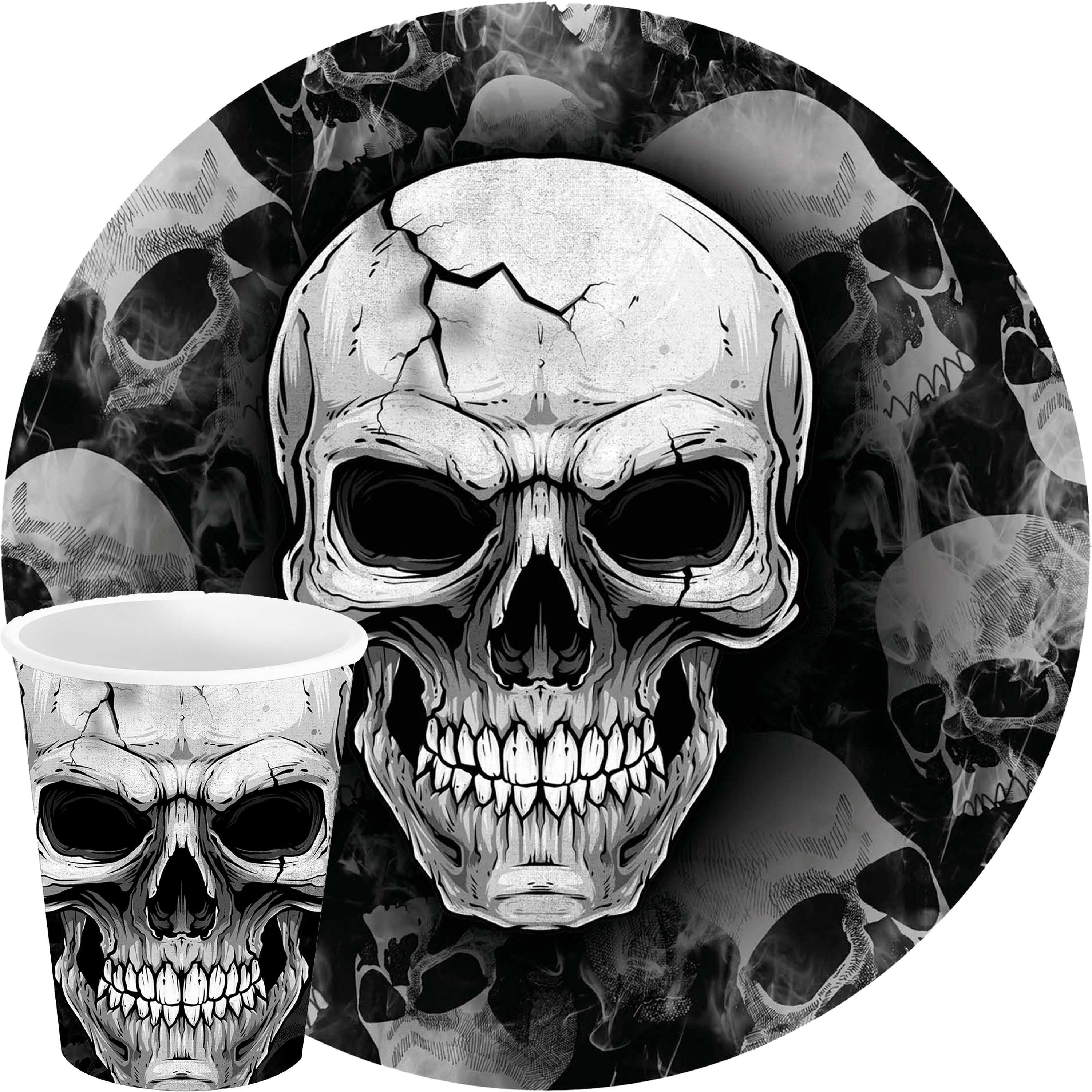 Halloween/horror schedel/doodshoofd feest servies - borden en bekers - 24x - zwart- papier