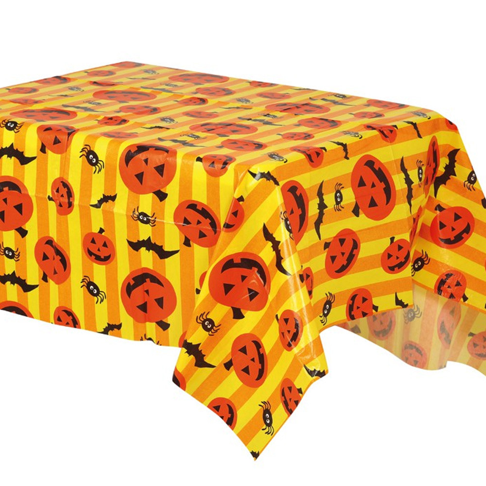 Halloween/horror thema feest tafelkleed - pompoenen/vleermuizen - geel - PVC - 130 x 175 cm
