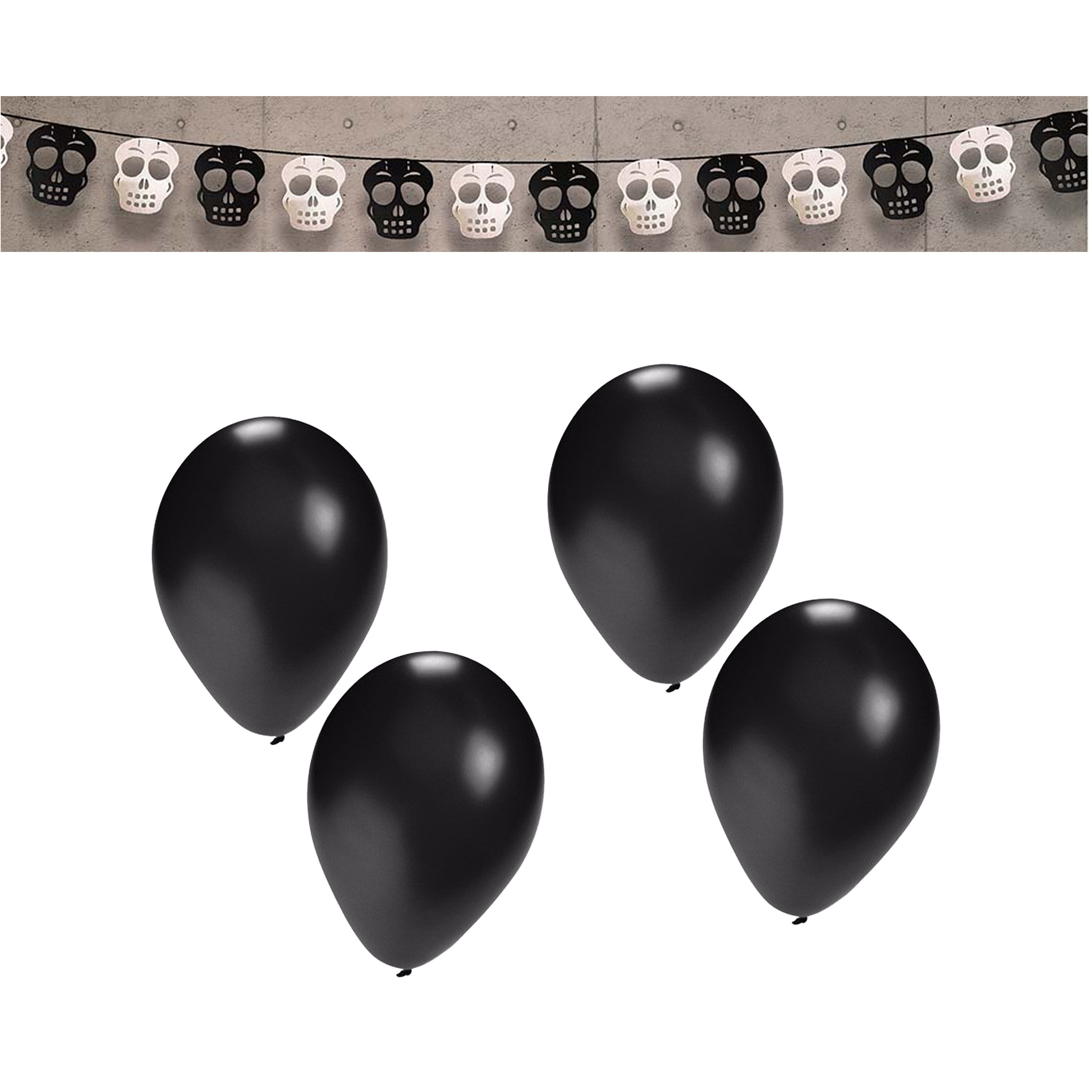 Halloween-horror thema vlaggenlijn doodskop papier 275 cm incl. 10x ballonnen zwart