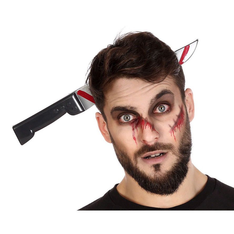Halloween/horror verkleed hoofdband - dikke pech - vleesmes door je hoofd - kunststof