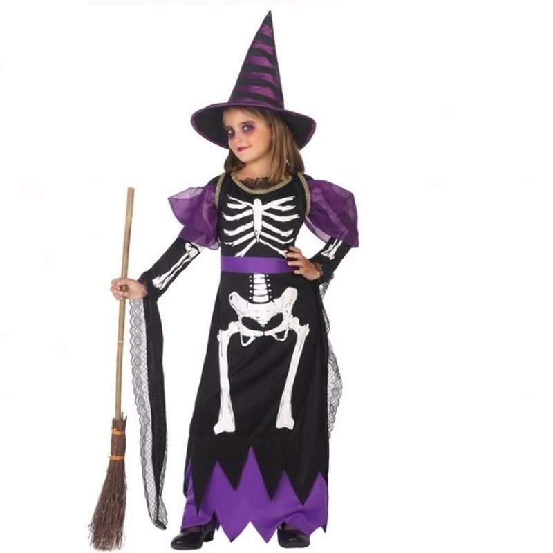 Halloween - Meisjes heksen kostuum met skelet print