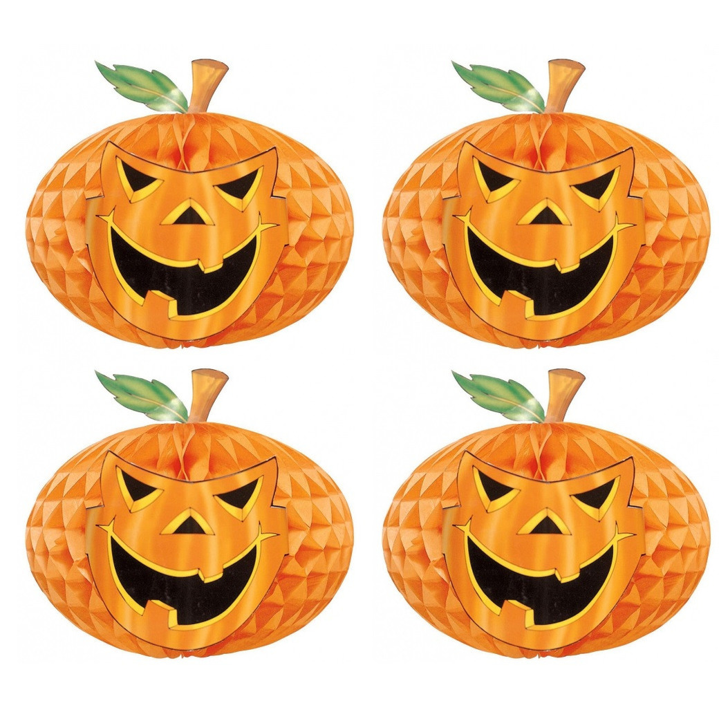 Halloween - Set van 4x stuks halloween versiering pompoen honeycomb decoratie