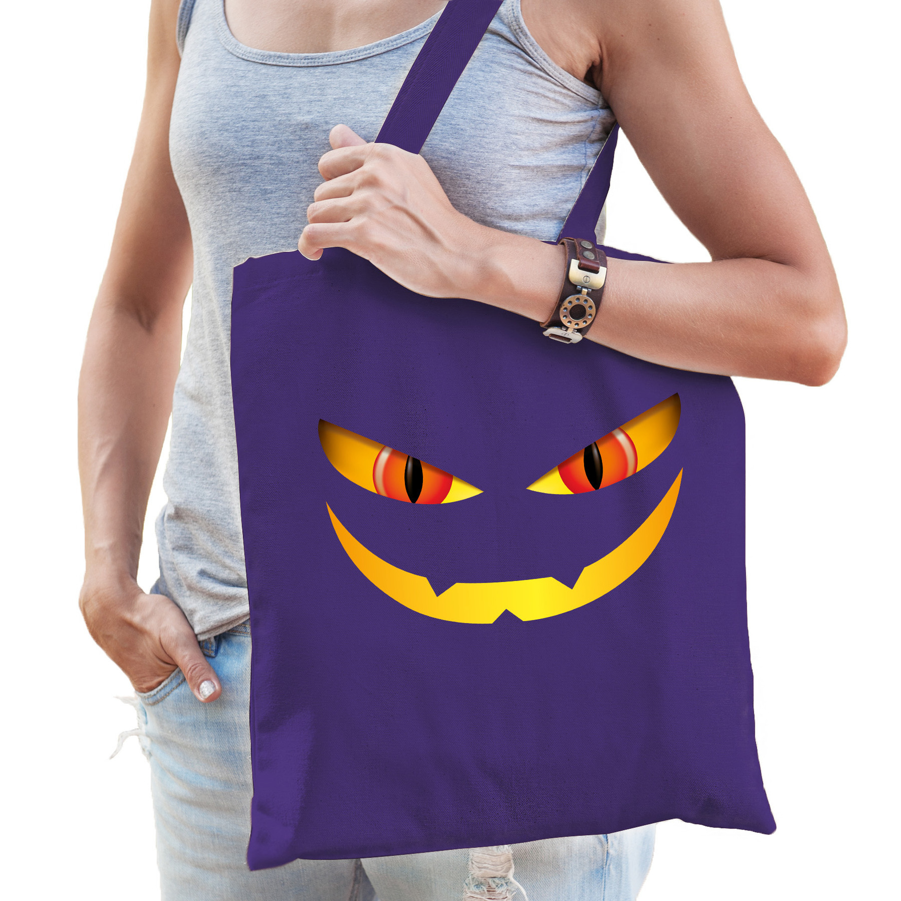 Halloween tas-shopper paars katoen 42 x 38 cm monster gezicht
