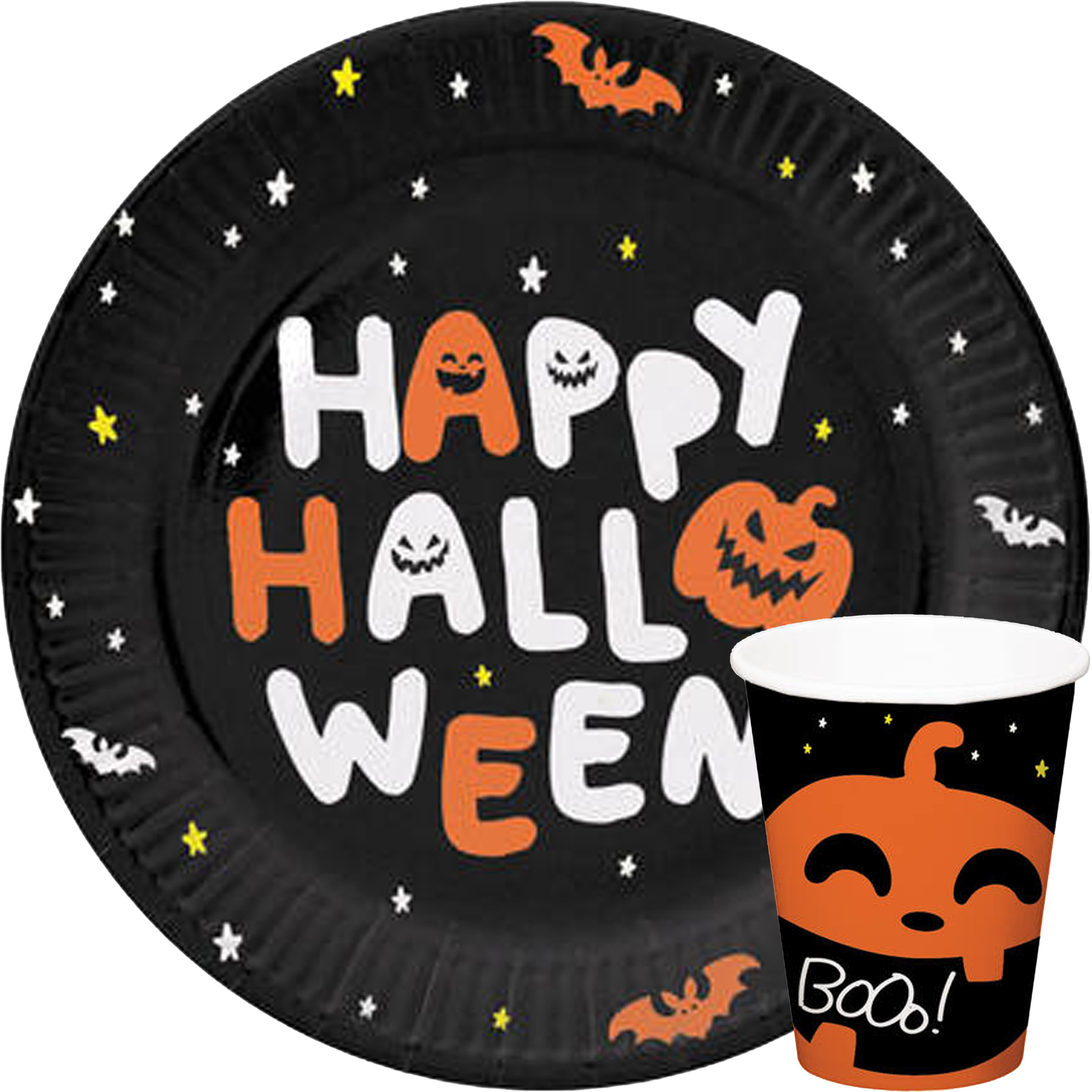 Halloween thema feest servies bord en beker - 24x - pompoen BoOo! print - papier