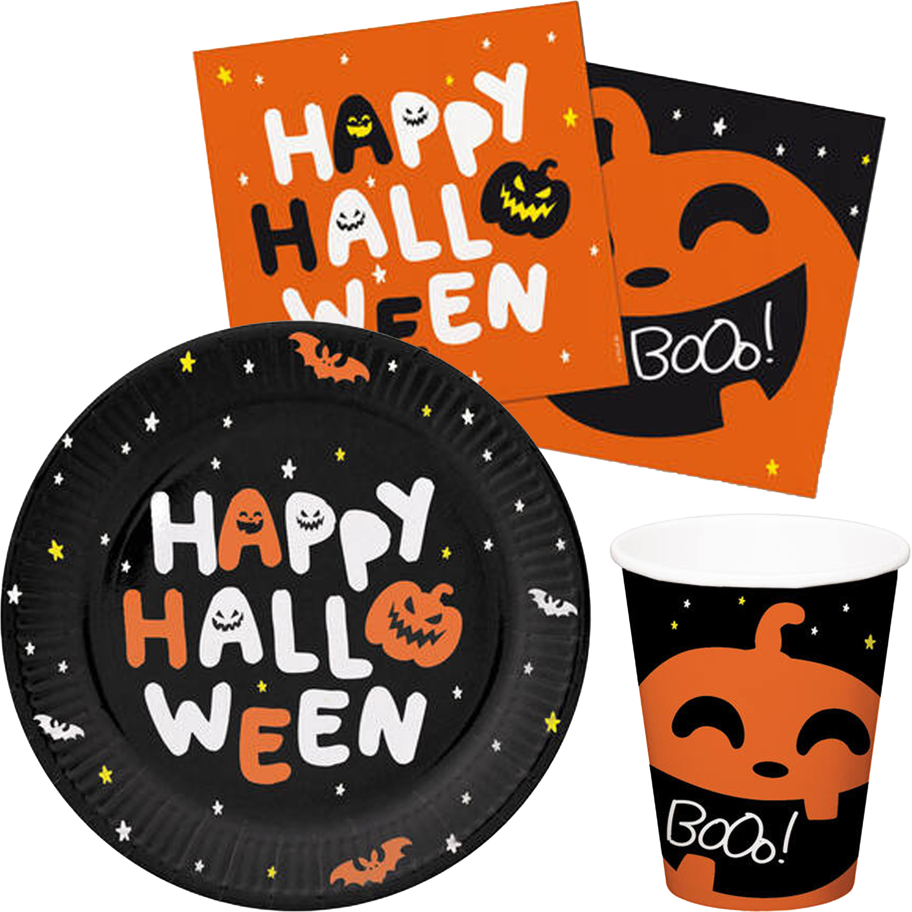 Halloween thema feest set bord/beker/servetten - 44x - pompoen BoOo print - papier