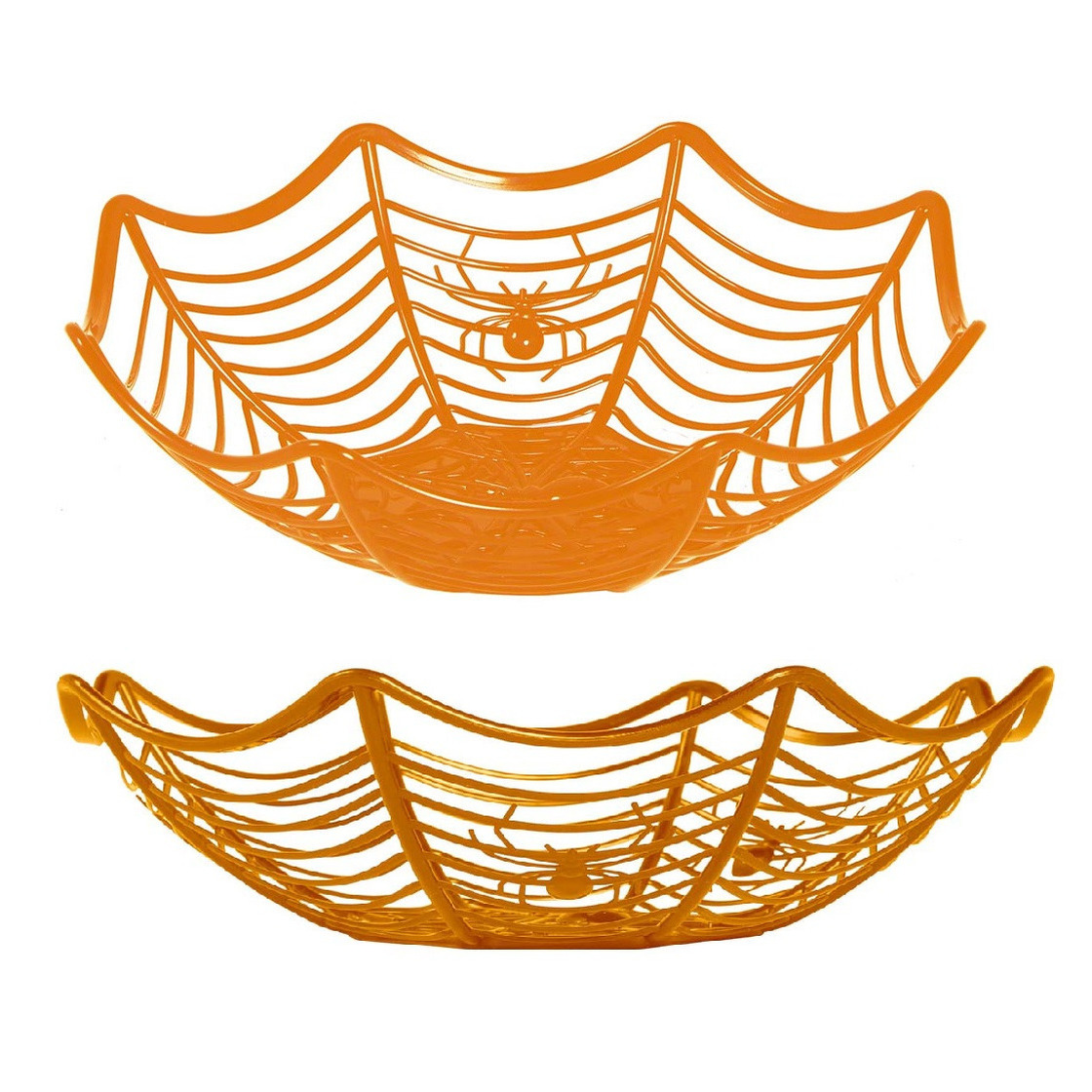 Halloween trick or treat snoepschaal spinnenweb - 2x - oranje - kunststof - 28 x 8 cm