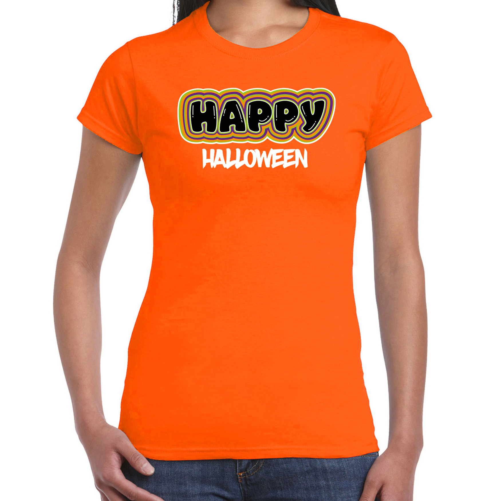 Halloween verkleed t-shirt dames - Happy Halloween - oranje - themafeest outfit