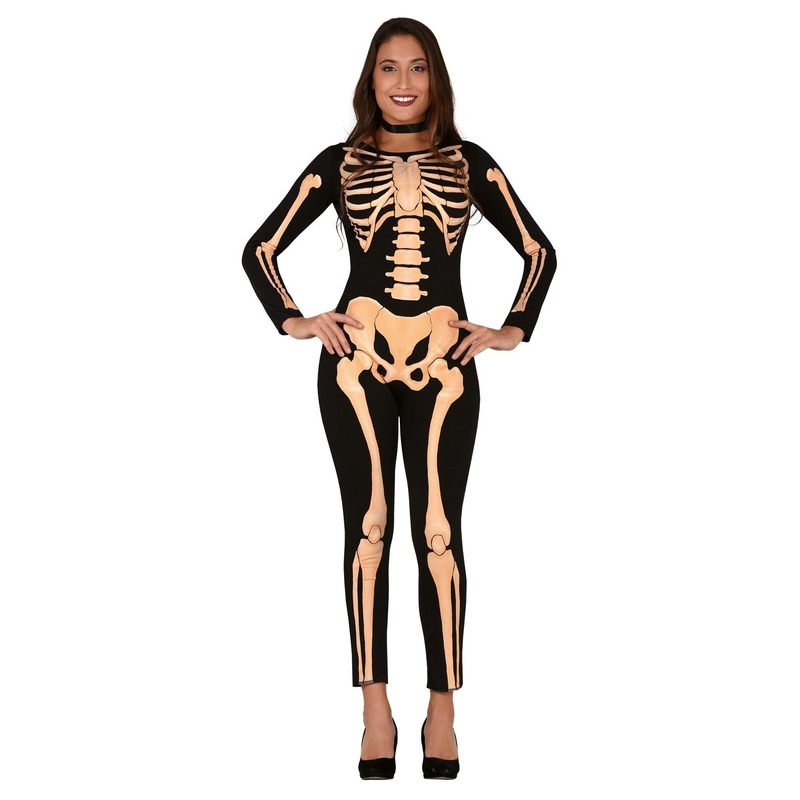 Halloween - Zwart/oranje skelet verkleed kostuum voor dames