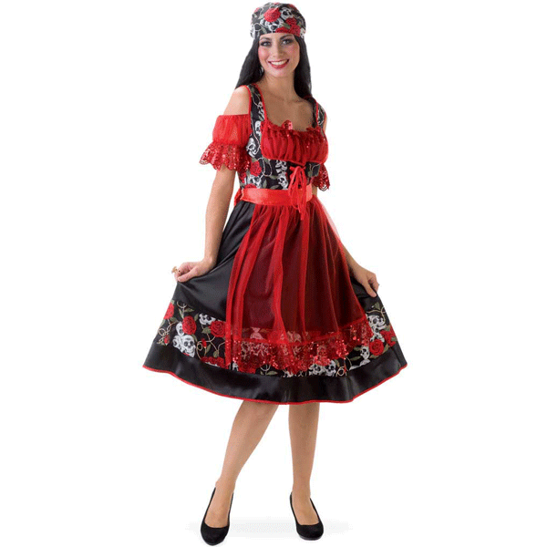 Halloween - Zwart/rode jurk met doodshoofden