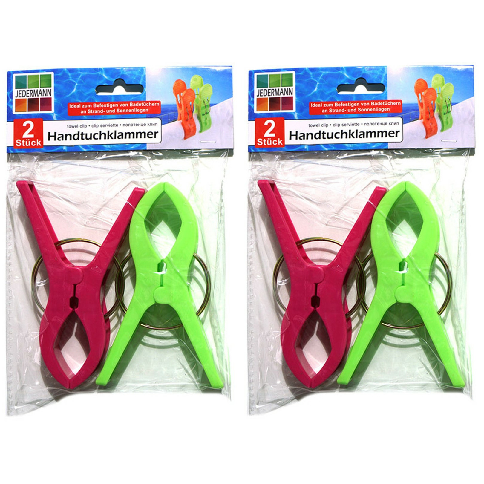 Handdoekknijpers XL 4x groen-roze kunststof 12 cm wasknijpers