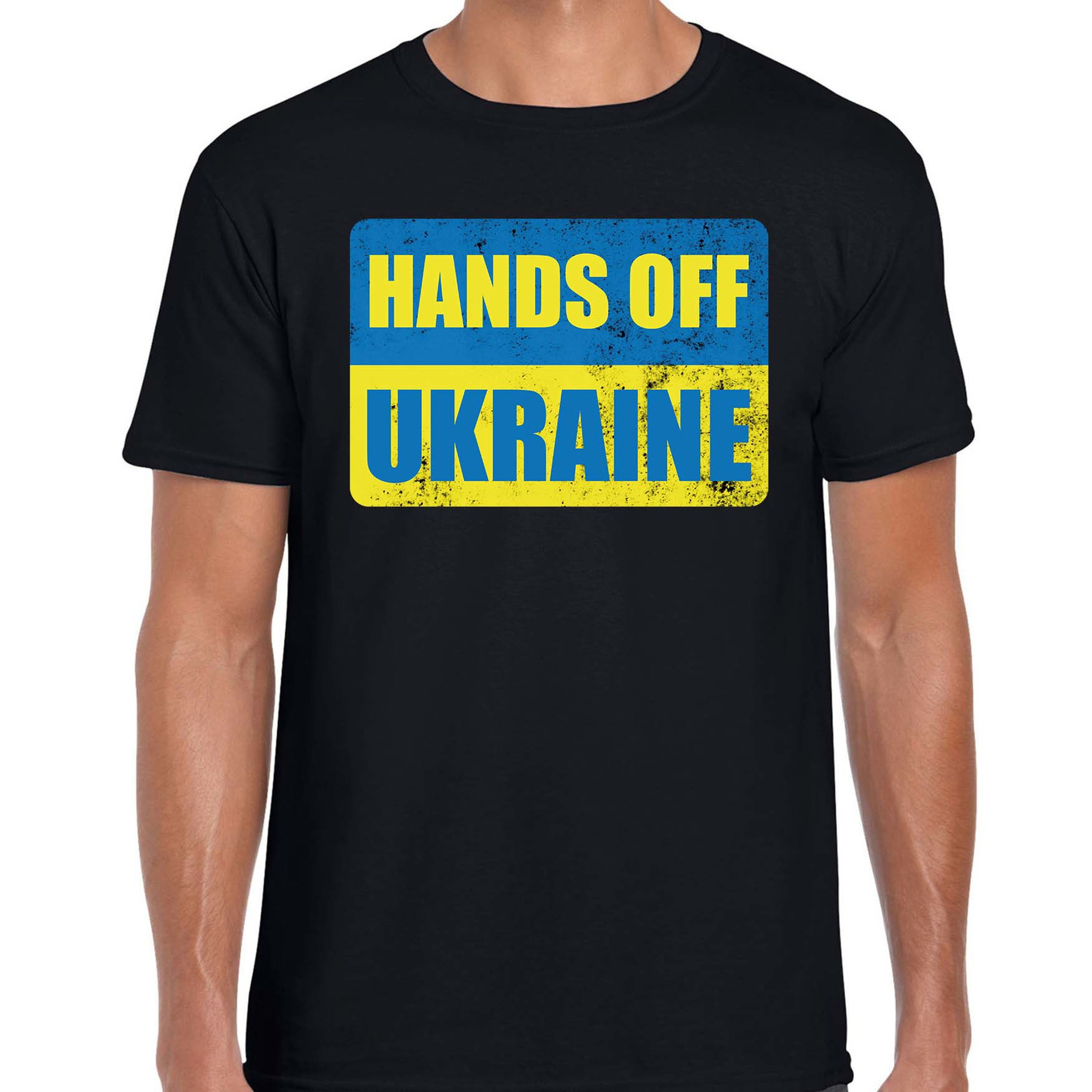 Hands off Ukraine t-shirt zwart heren Oekraine shirt met Oekraiense vlag