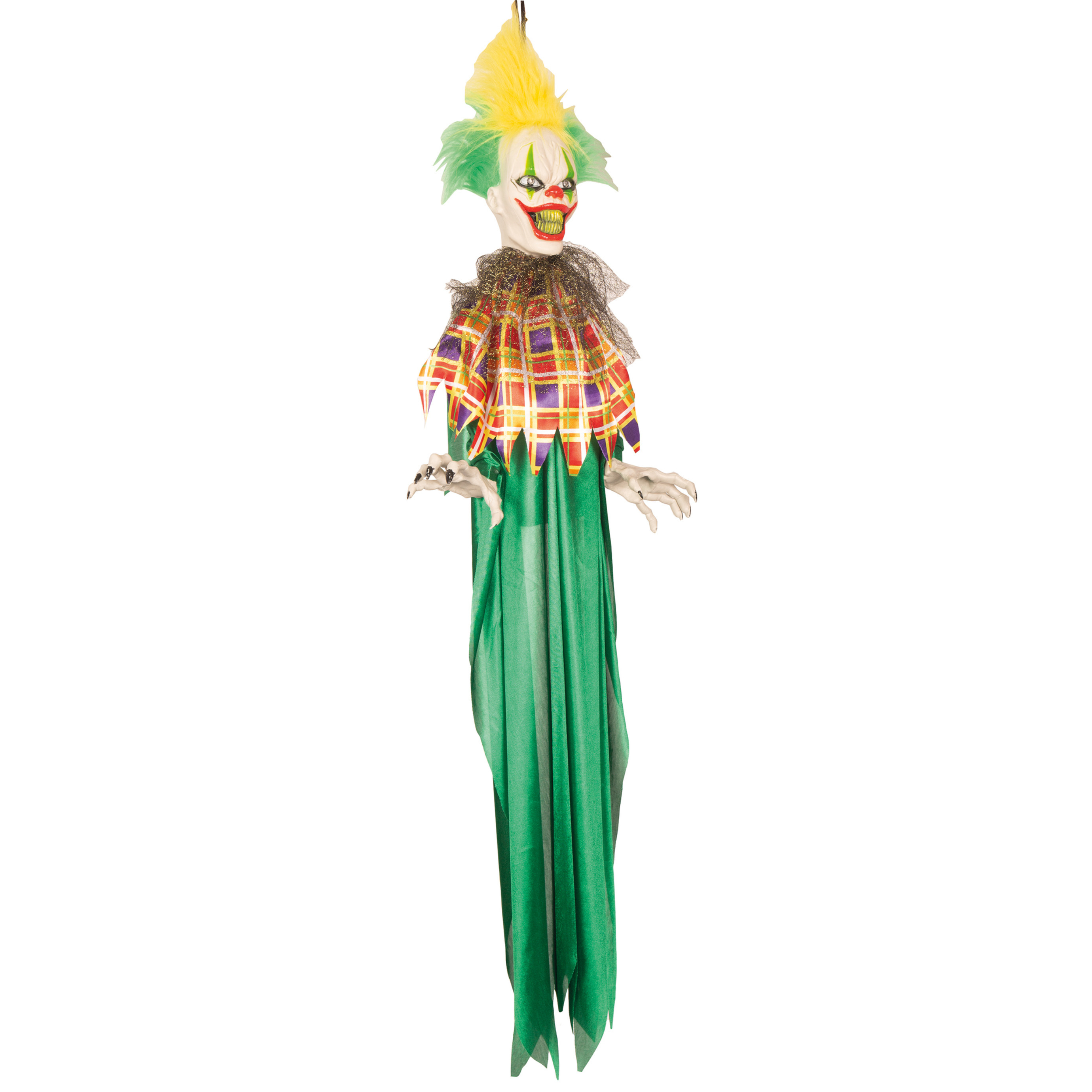 Hangdecoratie pop bewegende horror clown groen 100 cm