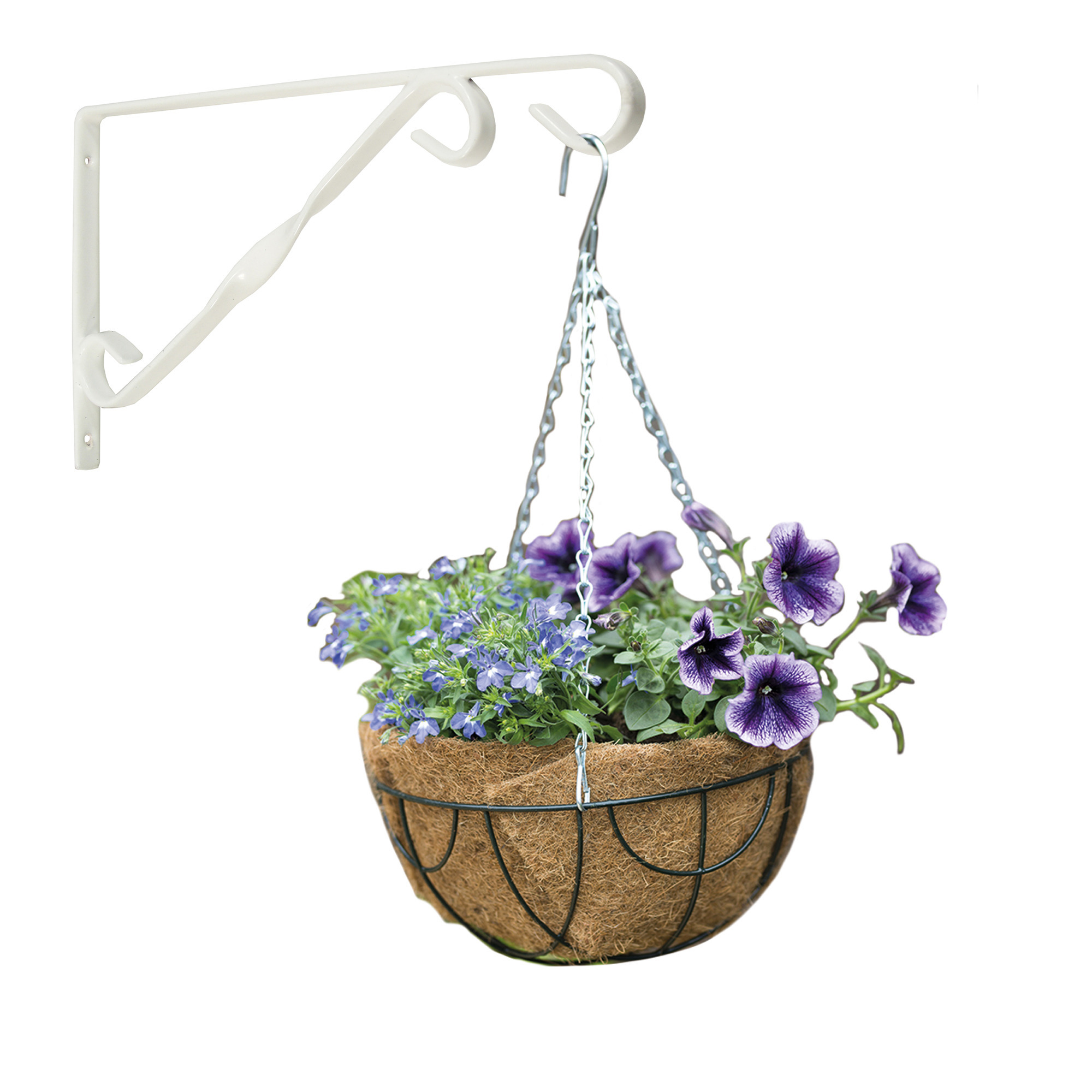 Nature Hanging basket 25 cm met klassieke muurhaak wit en kokos inlegvel - metaal - complete hangmand set -