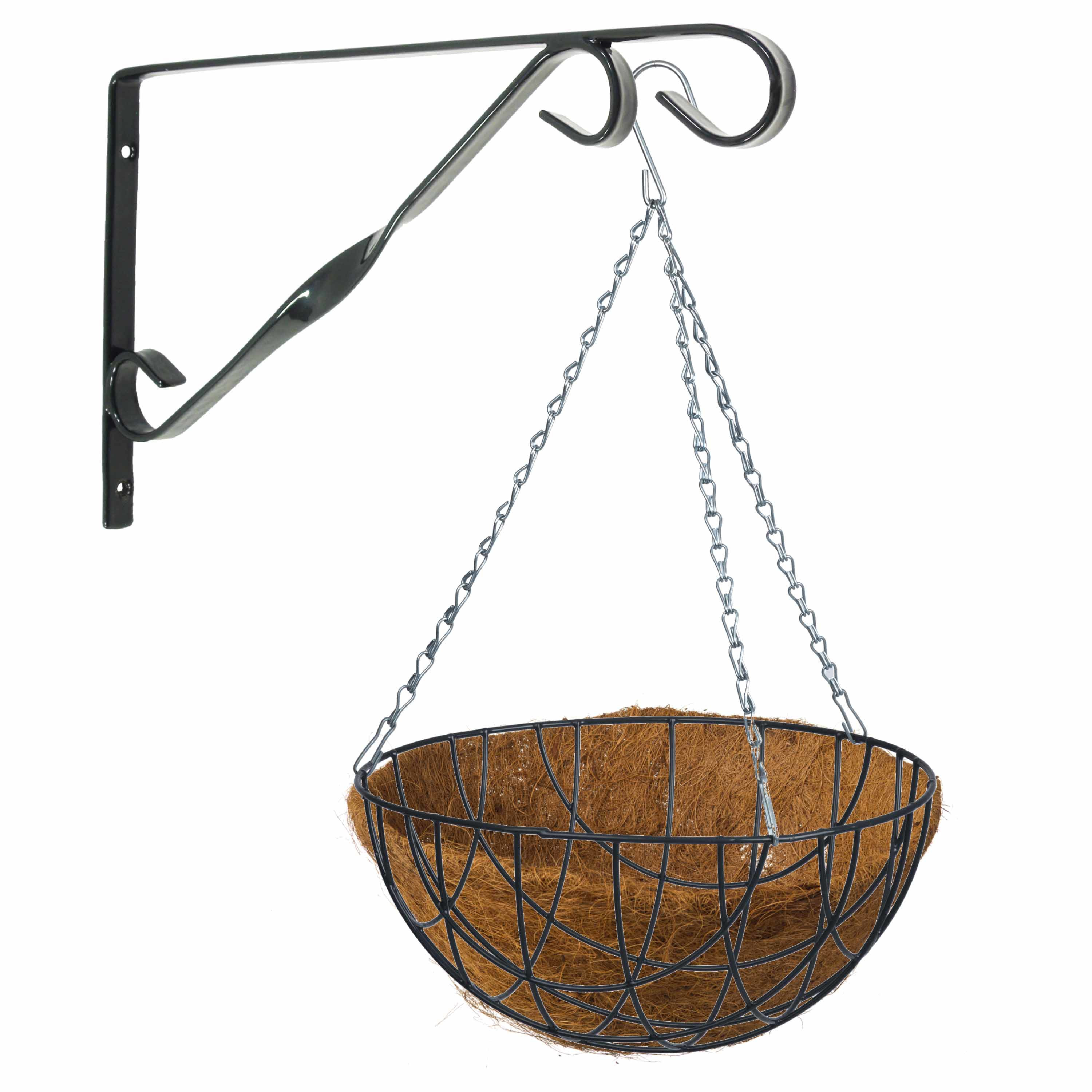 Hanging basket 40 cm met klassieke muurhaak zwart en kokos inlegvel metaal complete hangmand set